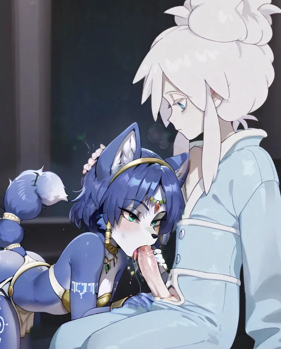 ai_generated black_mask blue_eyes blue_fur blush cat_ears cat_tail colored_eyelashes deux_murasame dildo_under_mask fellatio freckles furry grey_hair gundam gundam_gquuuuuux hair_bun highres krystal long_hair male male_only mask masked mouth_mask nimona1491_(artist) penis petite purple_pupils shoulder_blades simple_background small_penis updo white_background white_eyelashes white_hai