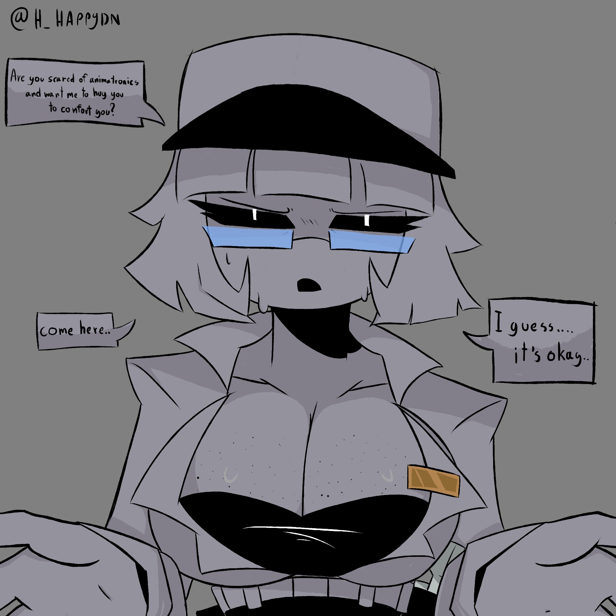 2d, 2d (artwork), breasts, cleavage, female, five nights at freddy's, genderswap, genderswap (mtf), grey hair, grey skin, hailey emily, happydn, henry emily, huge breasts, rule 63, solo, talking to viewer
