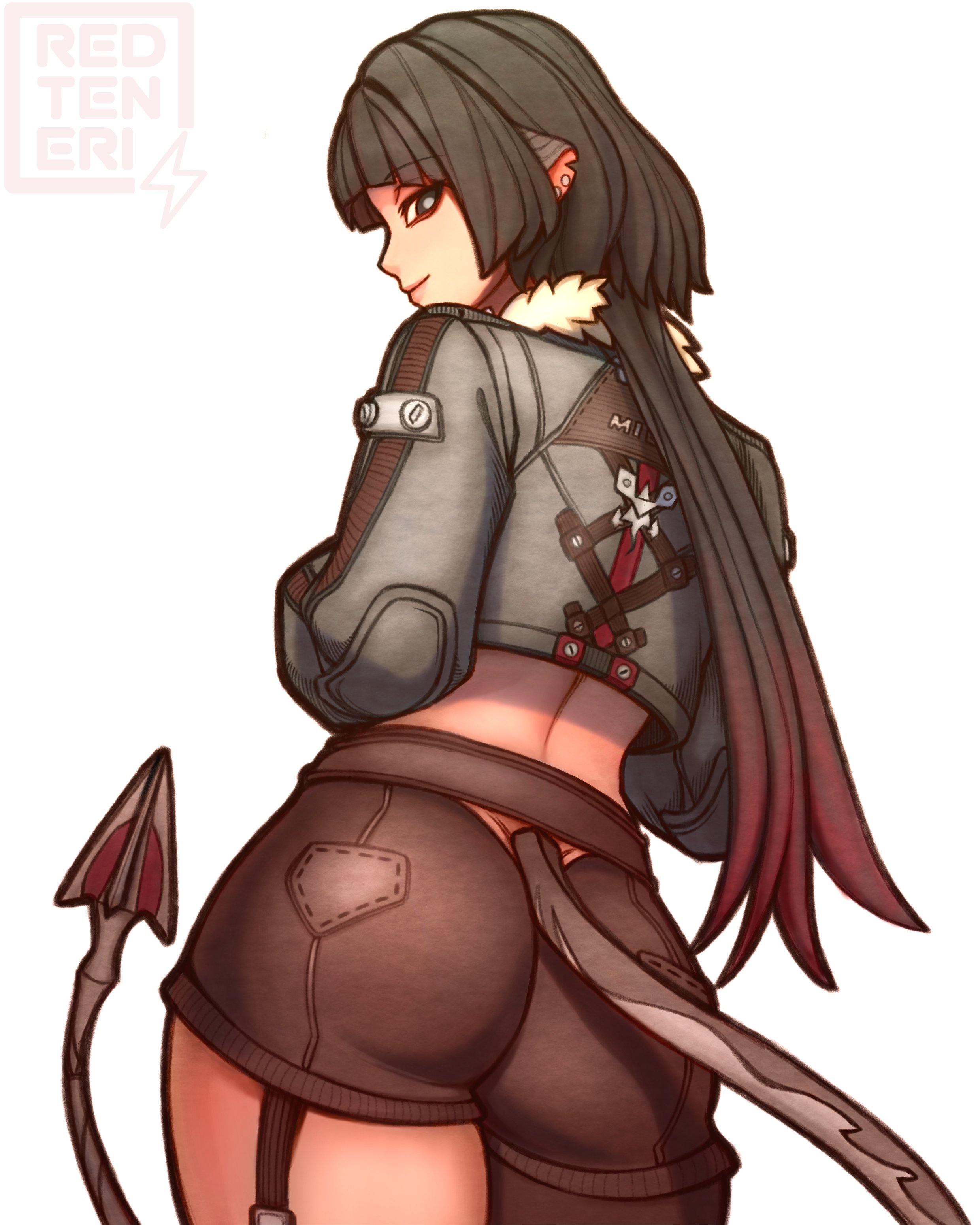 1girls, ass, ass focus, back view, clothed, clothed female, fat ass, female, jane doe (zenless zone zero), redteneri, solo, solo female, solo focus, tail, white background, zenless zone zero