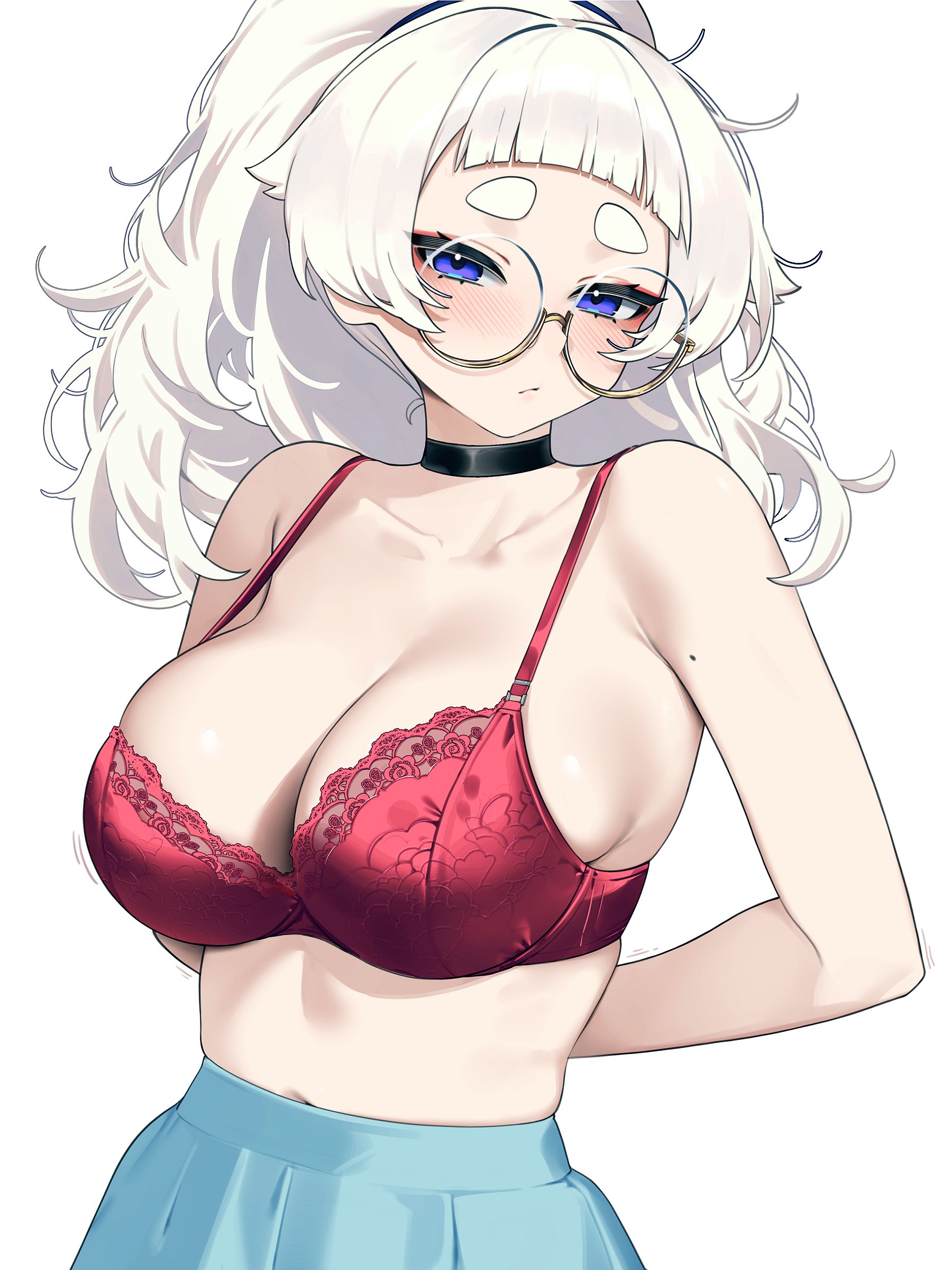 1girls, absurdres, arms behind back, bare shoulders, black choker, blue eyes, blue skirt, blunt bangs, bra, breasts, choker, cleavage, closed mouth, collarbone, commentary, female, glasses, highres, large breasts, looking at viewer, meg (wakamepiza), mole, mole on arm, original, pleated skirt, ponytail, red bra, round eyewear, semi-rimless eyewear, simple background, skirt, solo, symbol-only commentary, thick eyebrows, under-rim eyewear, underwear, wakamepiza, white background, white hair