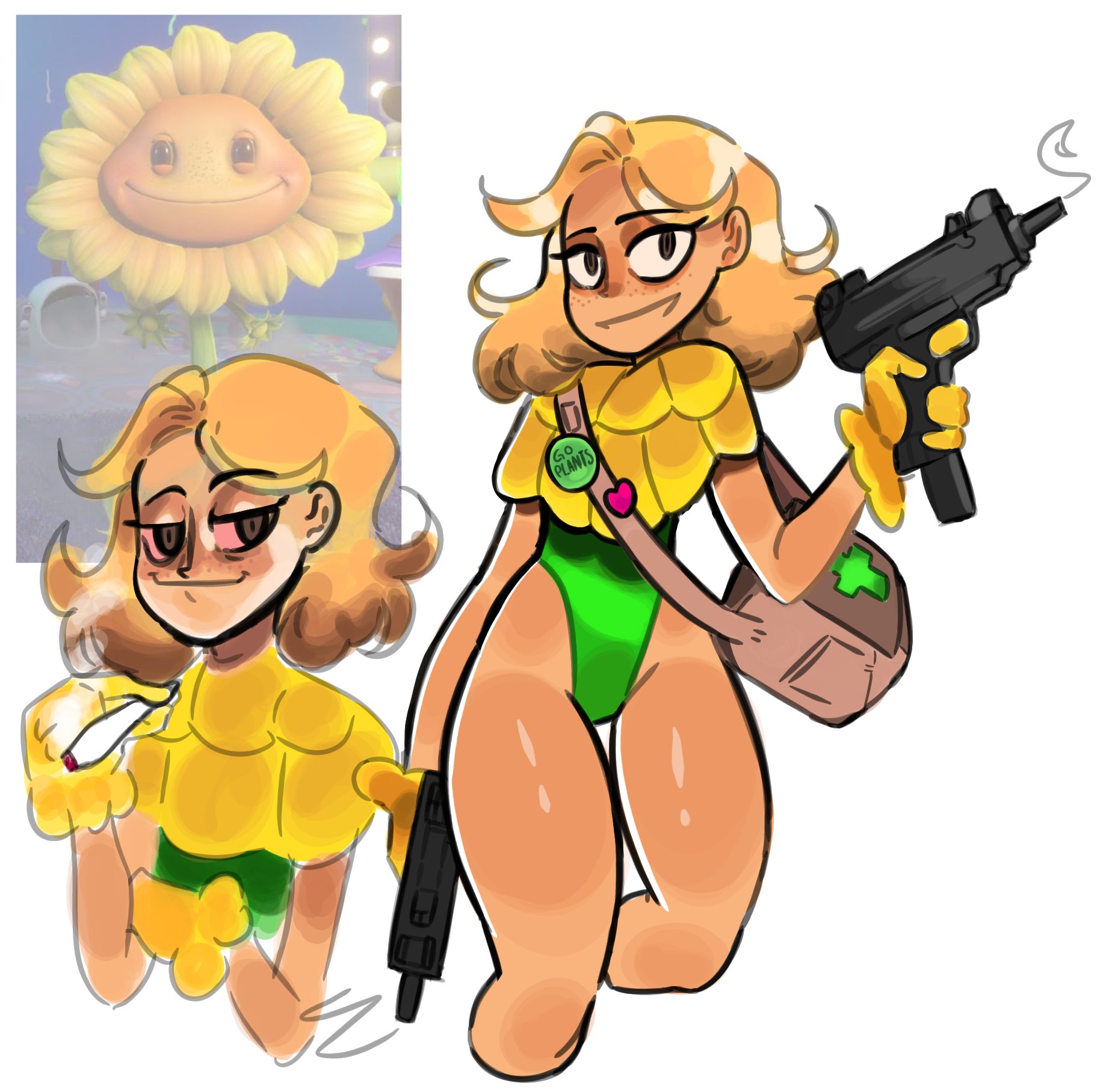 1girls, brown eyes, female, flower, gun, guns, looking at viewer, notwawita, plants vs zombies, plants vs zombies: garden warfare, plants vs zombies: heroes, short hair, smoking, solar flare (pvz), sunflower (pvz), tanned skin, thick thighs, white background, yellow eyes, yellow hair