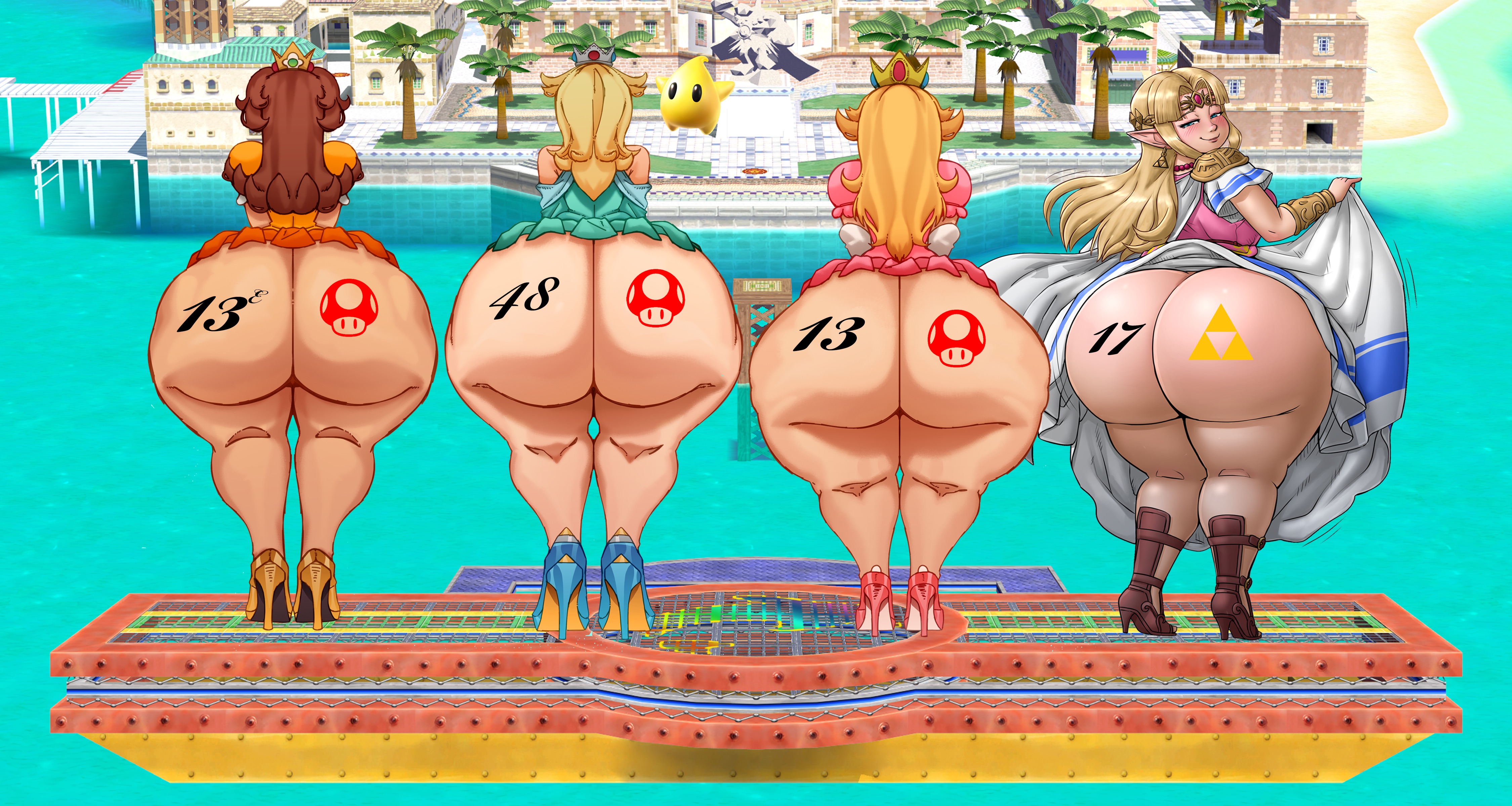 4girls, a link between worlds, ass, ass bigger than head, ass chart, ass focus, ass size difference, bendacriss, big ass, big booty, blonde hair, bottom heavy, bottomless, brown hair, bubble butt, clothed, delfino plaza, elf ears, fat ass, female, female only, gigantic ass, high heels, huge ass, hylian, hylian ears, hyper ass, lifting dress, looking back, looking pleasured, luma, mario (series), multiple females, multiple girls, nintendo, no underwear, number tattoo, phat ass, prayforcummies, princess daisy, princess peach, princess rosalina, princess zelda, revealing clothes, round ass, short skirt, skirt, skirt up, super mario sunshine, super smash bros., super smash bros. ultimate, tattoo, tattoo on butt, tattoos, the legend of zelda, thick, thick ass, thick thighs, thighs, triforce, triforce mark, triforce symbol, underass, wide hips, zelda (a link between worlds)
