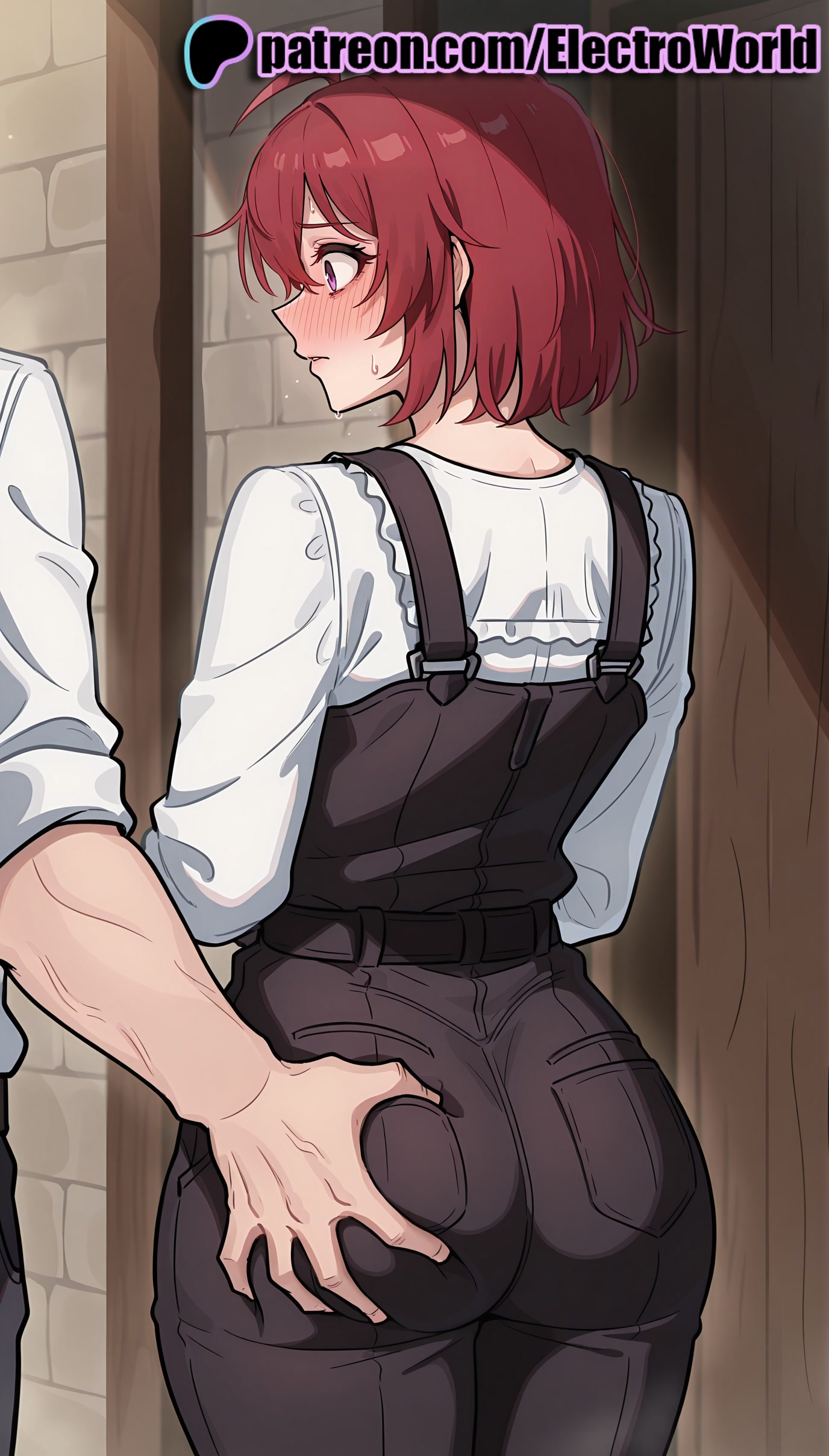 1girls, 2025, ai generated, artist name, ass, ass grab, blush, brick wall, cow girl (goblin slayer), electroworld, female, goblin slayer, grabbing another's ass, groping, hi res, high quality, high resolution, highres, pants, patreon, patreon username, purple eyes, red hair, short hair, stable diffusion, watermark