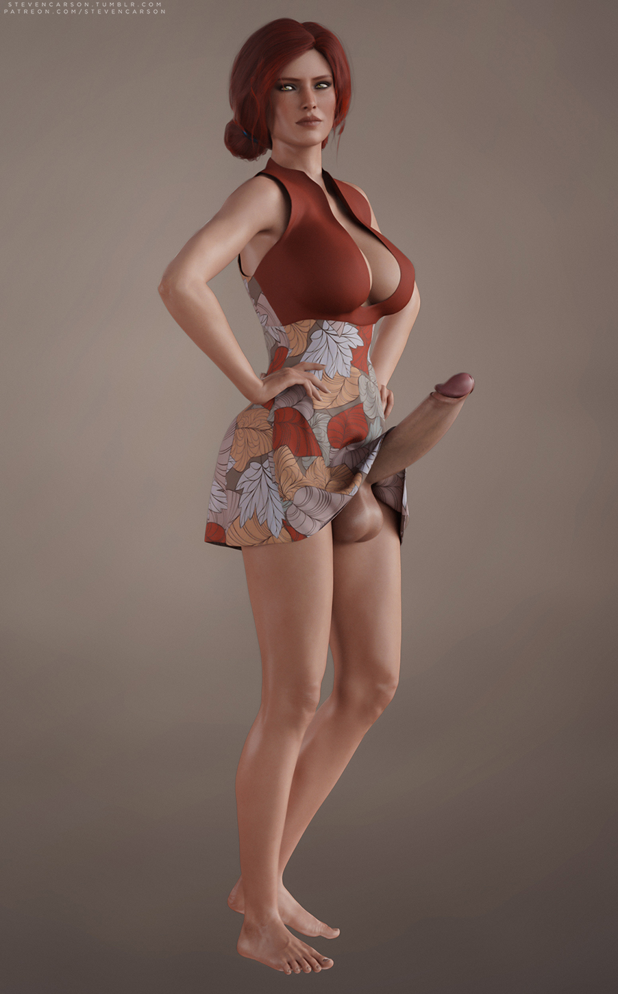 1futa, 3d, balls, balls under clothes, bottomless skirt, breasts, cd projekt red, cleavage, curvy, erection, erection under clothes, erection under skirt, futa only, futanari, huge breasts, huge penis, intersex, looking at viewer, no panties, penis, penis out, penis under clothes, penis under skirt, realistic, skirt, skirt lift, solo, solo futa, stevencarson, testicles, the witcher (series), the witcher 3: wild hunt, triss merigold