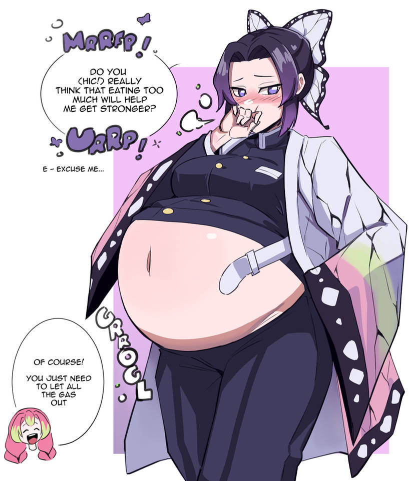 2girls belly_expansion bloat bloated bloated_belly bloated_stomach bloated_tummy bloating burp burping demon_slayer elpacha2 english_text fat fat_woman female female_only kimetsu_no_yaiba kochou_shinobu multiple_girls solo_focus stuffed_belly text