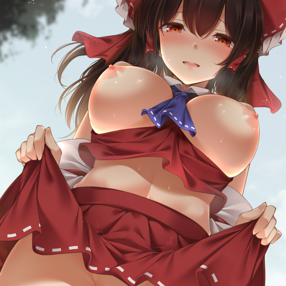 ascot between_breasts blue_ascot blush bow breasts breasts_out brown_hair clothes_lift detached_sleeves female hair_between_eyes hair_tubes hairbow hakurei_reimu large_breasts lifted_by_self long_hair looking_at_viewer midriff nipples no_bra no_panties nose_blush orange_eyes out-of-frame_censoring parted_lips red_bow red_skirt red_vest reimu_hakurei ribbon-trimmed_sleeves ribbon_trim sidelocks skirt skirt_lift smile solo sweat touhou toyosaki_shu vest wing_collar