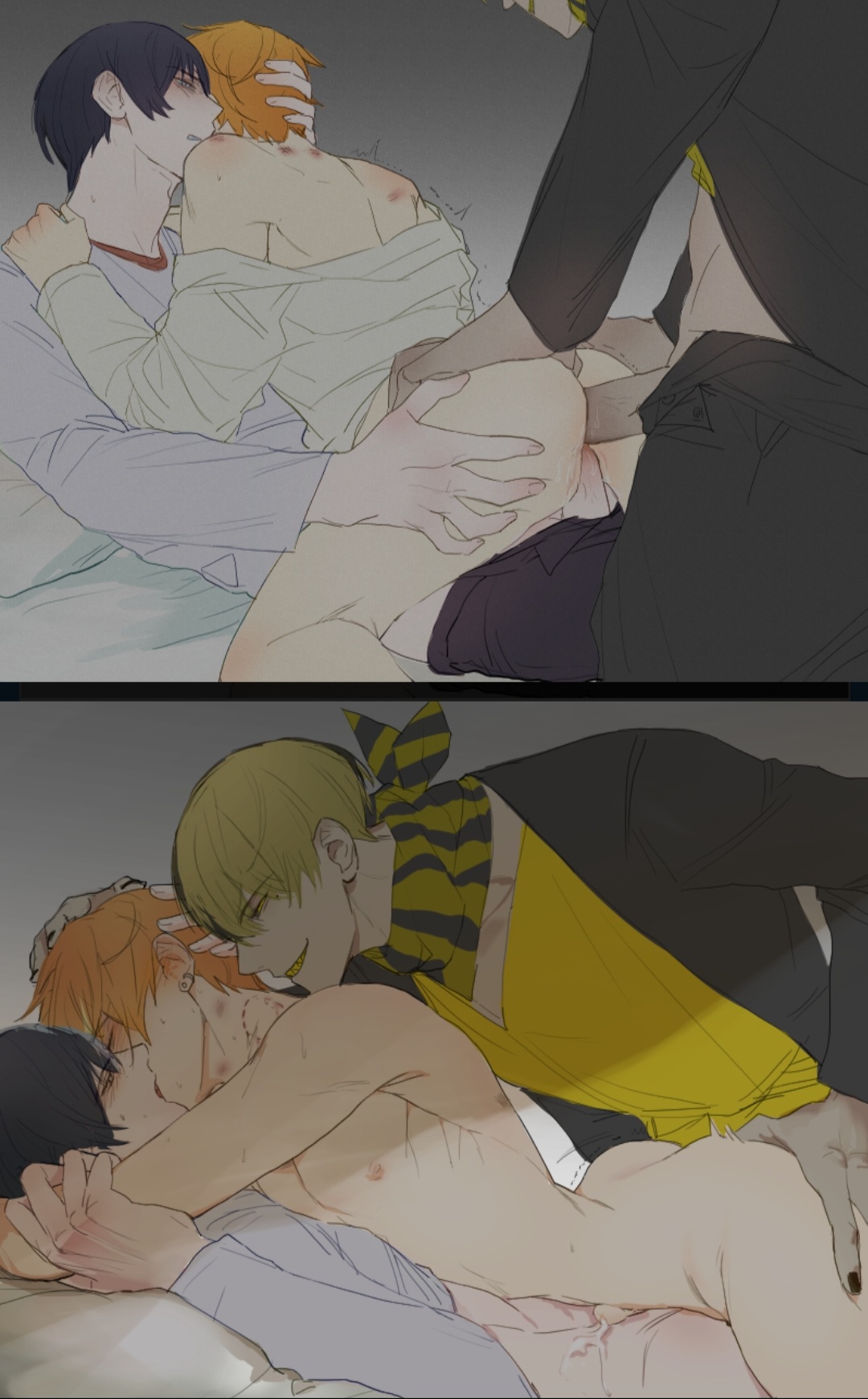3boys, abs, aoyagi touya, bite mark, blush, coffeexhotcake, color, double anal, double penetration, groping from behind, hickey, kissing, kissing while penetrated, male, male only, muscles, project sekai, shinonome akito, smirk, yaoi