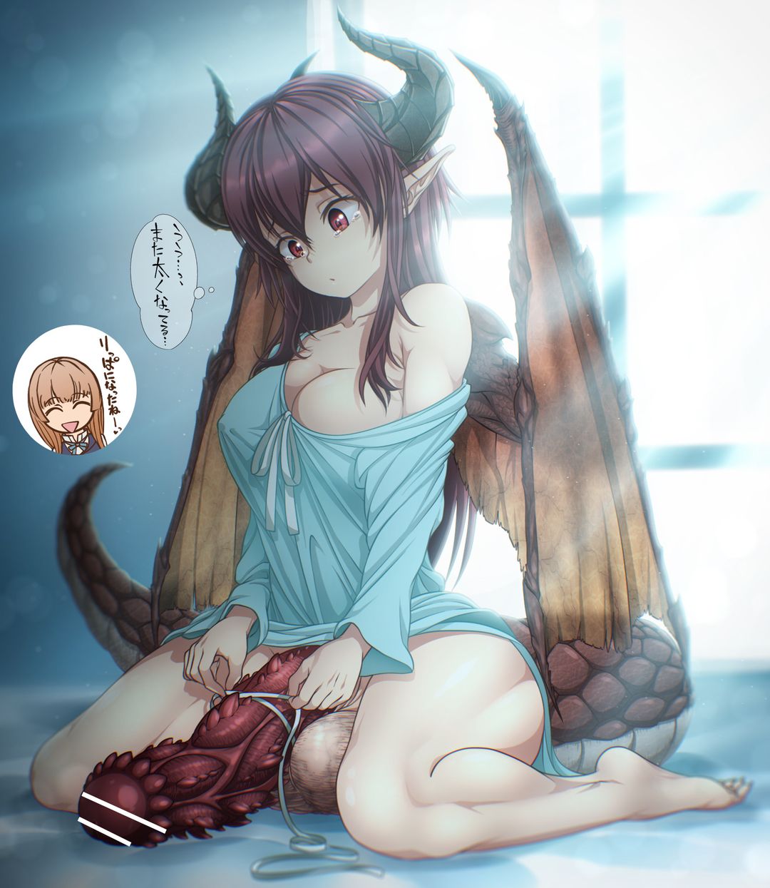 bad_censor barbed_penis bedroom big_balls big_penis censor_bar censored_penis crying crying_with_eyes_open dragon_girl dragon_horns dragon_tail dragon_wings futa_only futanari grea_(shingeki_no_bahamut) measuring measuring_penis muchin nightgown perky_breasts purple_hair red_eyes red_penis shingeki_no_bahamut tearing_up tears thick_thighs unknown_source untranslated