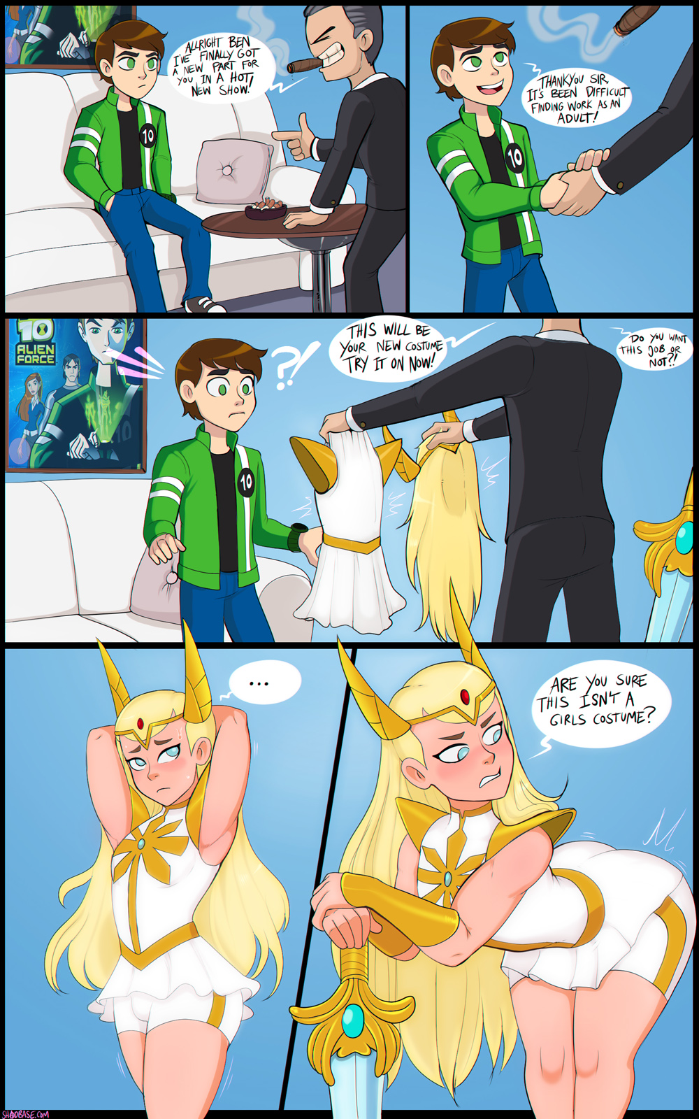 2boys adora_(cosplay) androgynous armor arms_behind_head arms_up ben_10 ben_10_alien_force ben_tennyson bent_over big_ass blonde_hair blue_eyes brown_hair bulge cartoon_network cigar comic cosplay couch crossdressing crossover crossplay english_text femboy girly green_eyes long_hair male shadman she-ra_(cosplay) she-ra_and_the_princesses_of_power shorts suit sword trap wiggling