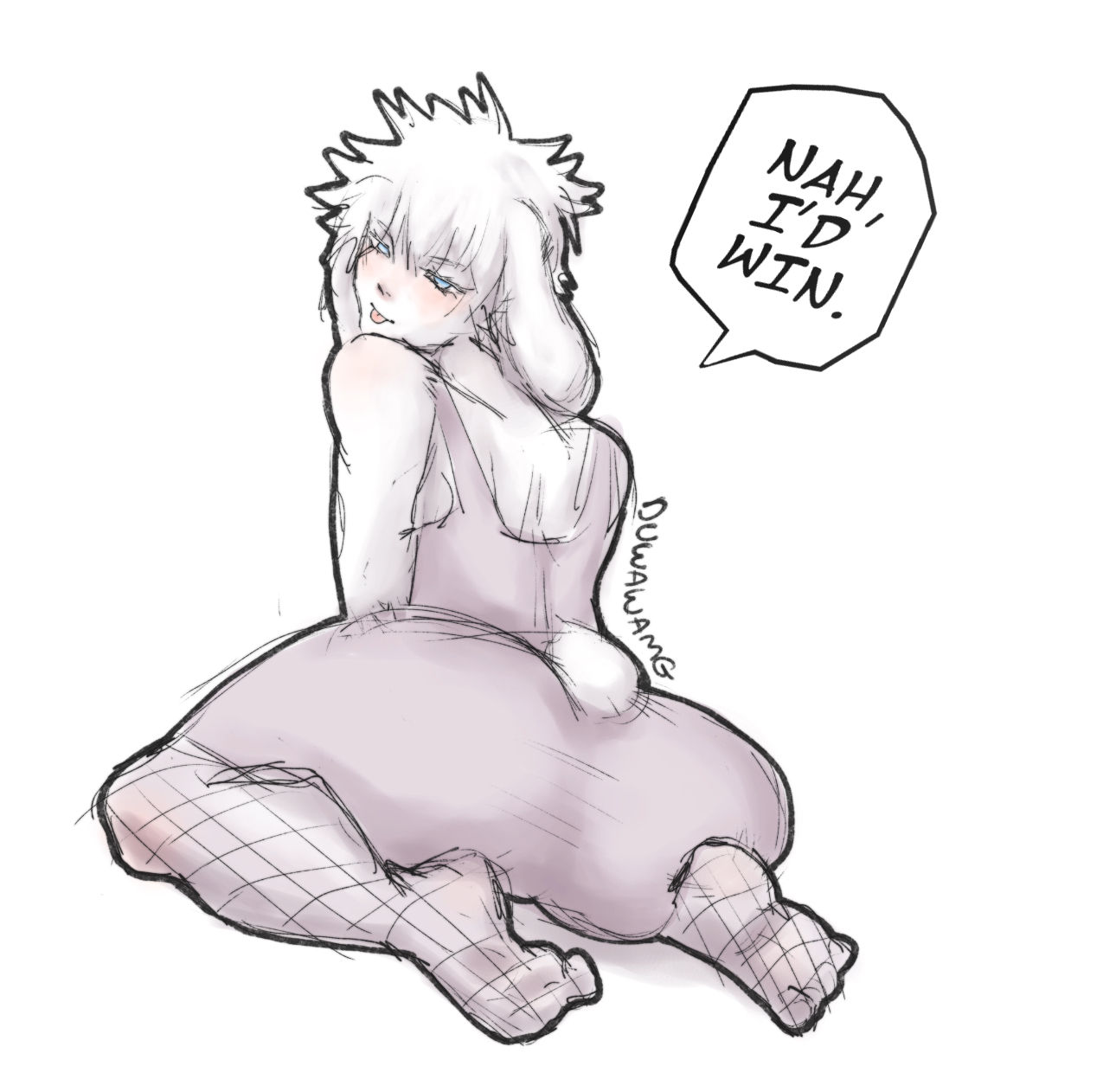 1boy, ass, big ass, big butt, blush, bunny ears, bunny tail, crossdressing, dress, duwawamg (artist), english text, femboy, femboy only, fishnet legwear, fishnet stockings, fishnets, huge ass, huge butt, jujutsu kaisen, looking at viewer, looking back, male, male only, pink dress, rabbit ears, rabbit tail, satoru gojo, solo, text, twink