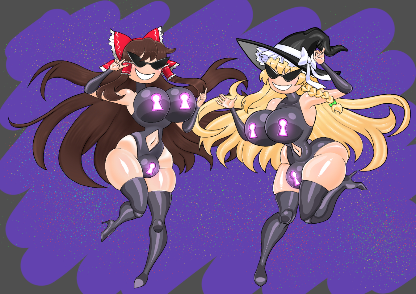 armpits, ass, bikini, bimbo, bimbo body, bimbofication, bimbofied, body modification, bra, breasts, bulge, bulge through clothing, dollification, female, futanari, hourglass figure, huge ass, huge breasts, implied futa, implied transformation, intersex, knick knack, marisa kirisame, midriff, null bulge, nullification, panties, permanent smile, reimu hakurei, smile, stelladiaabbys, sunglasses, sunnification, thick thighs, thighhighs, thin waist, touhou, transformation, wide hips