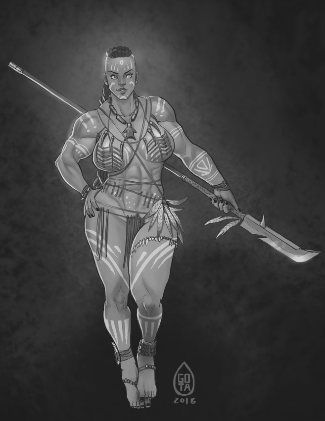 2018, abs, anklet, areolae, barefoot, belly chain, biceps, big lips, black nails, body markings, bodypaint, bracelet, breasts, dated, dreadlocks, facial markings, feet, female, female only, front view, full body, gotalex, greyscale, hand on hip, holding weapon, human, large breasts, long hair, melee weapon, monochrome, muscles, muscular, muscular female, nail polish, navel, necklace, nipples, side shave, signature, smile, spear, thick thighs, toenail polish, toes, tribal markings, very long hair, warrior, weapon, wide hips