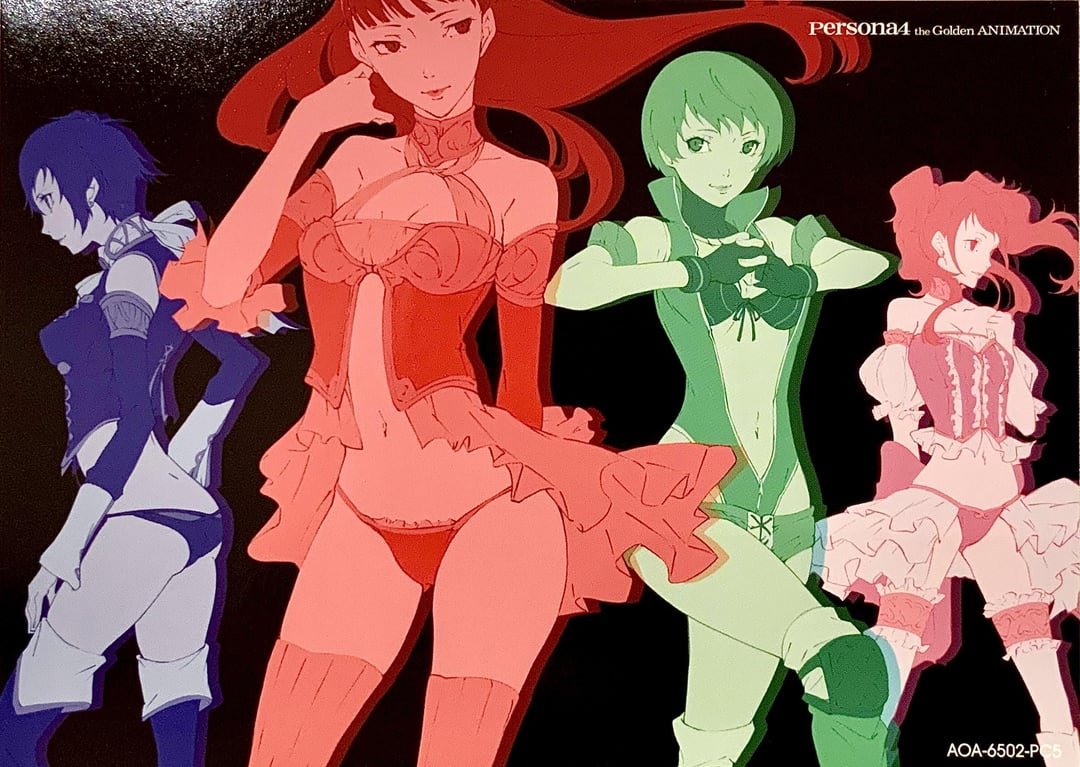 4girls alternate_costume amagi_yukiko ass bra breasts clothing female female_focus fingerless_gloves gloves high-cut_armor human kujikawa_rise long_hair looking_at_viewer midriff multiple_girls navel official_art pale_skin panties persona persona_4 persona_4_the_animation satonaka_chie shirogane_naoto short_hair small_breasts smile thighhighs twintails underwear