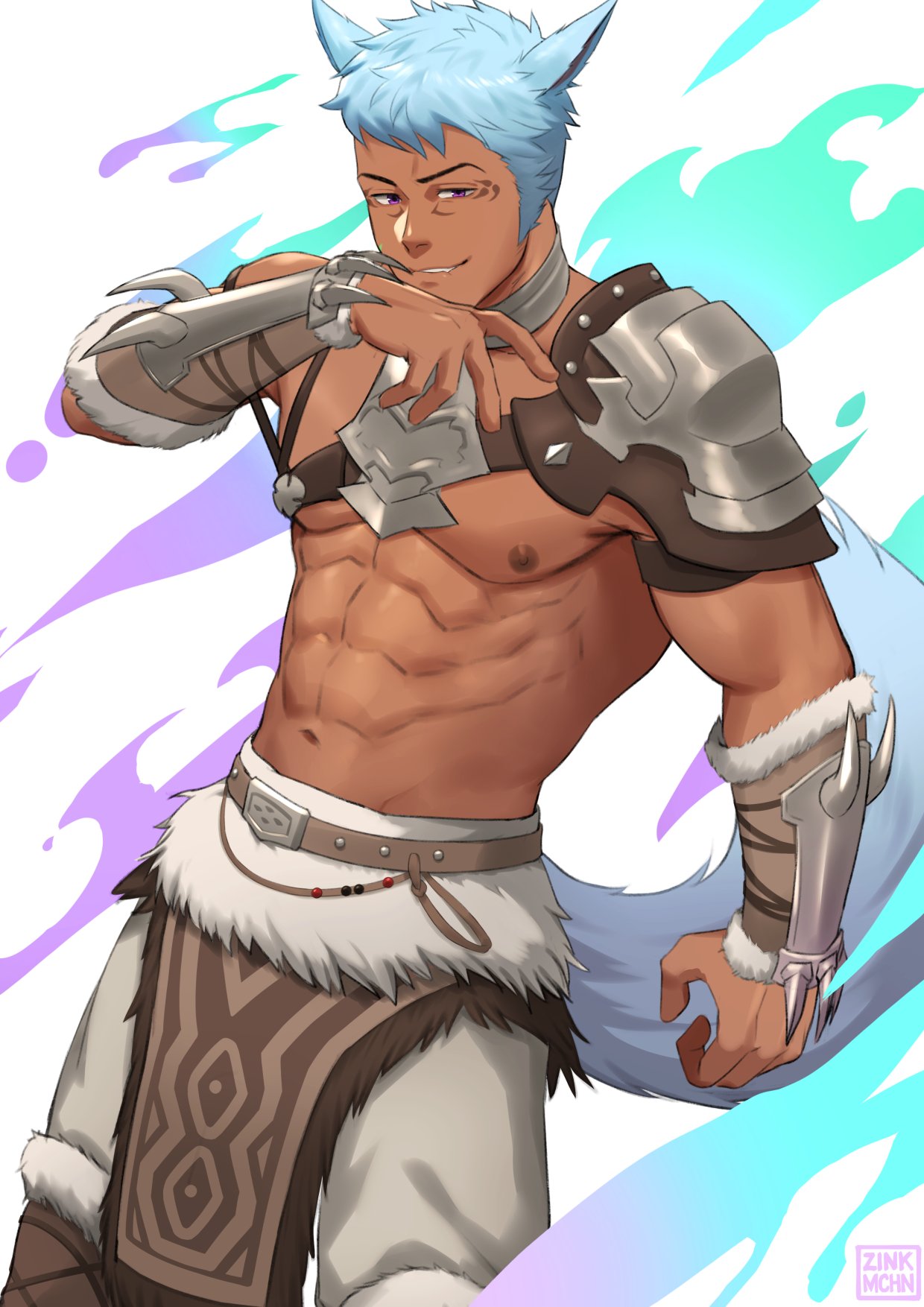 1boy abs animal_ears armored_male clothing looking_at_viewer male muscular_male solo solo_male tail wrist_cuffs zink_(zink_mchn)