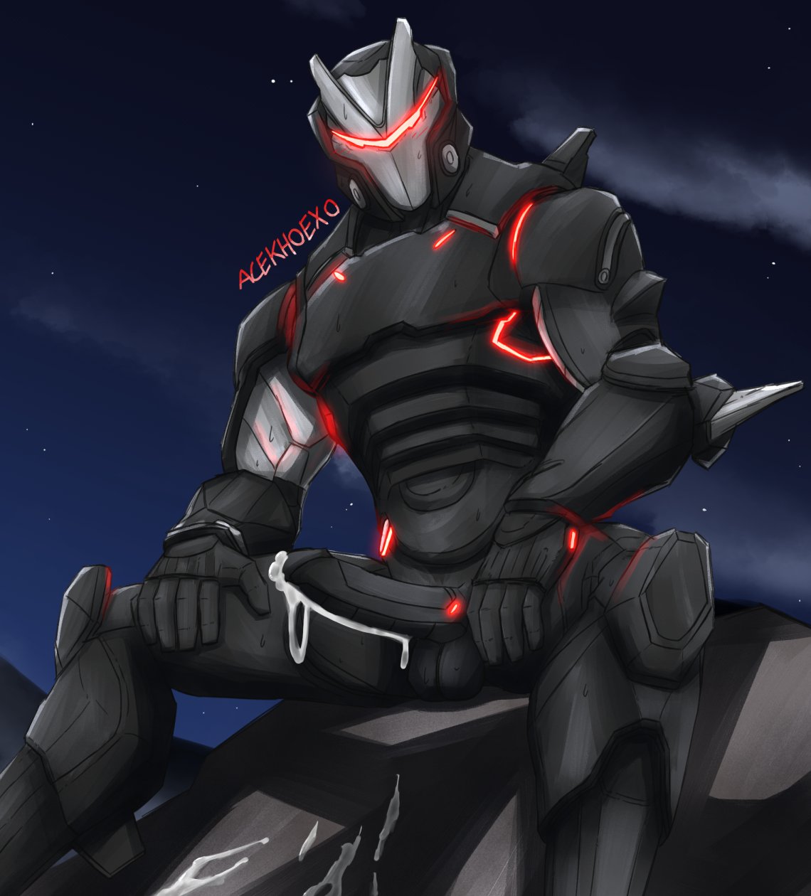 2024 5_fingers acekhoexo after_orgasm armor balls black_armor black_balls black_glans black_penis blush blush_lines cum cum_on_penis cum_string detailed_background digital_drawing_(artwork) digital_media_(artwork) epic_games erection fortnite fortnite:_battle_royale glans glowing_markings helmet humanoid humanoid_genitalia humanoid_hands humanoid_penis looking_at_viewer looking_pleasured male male_focus masculine narrowed_eyes night_sky omega_(fortnite) orgasm penis red_markings red_visor rock signature sitting solo solo_male star stone sweating unusual_eyes