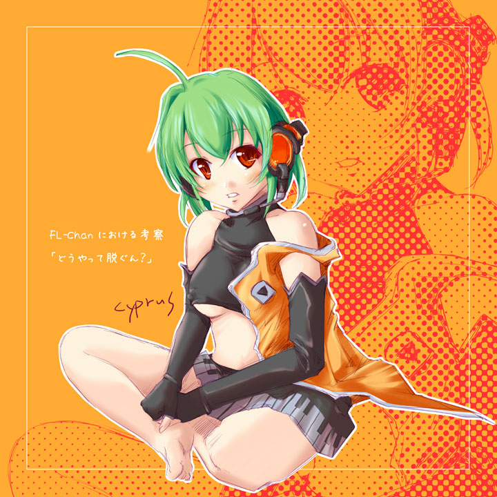 ahoge artist_name barefoot breasts commentary_request covered_nipples cyprus elbow_gloves feet female fl_chan fl_studio gloves green_hair halftone halftone_background headphones indian_style japanese_text looking_at_viewer medium_breasts orange_eyes piano_print short_hair sitting skirt soles solo tagme toes translation_request underboob zoom_layer