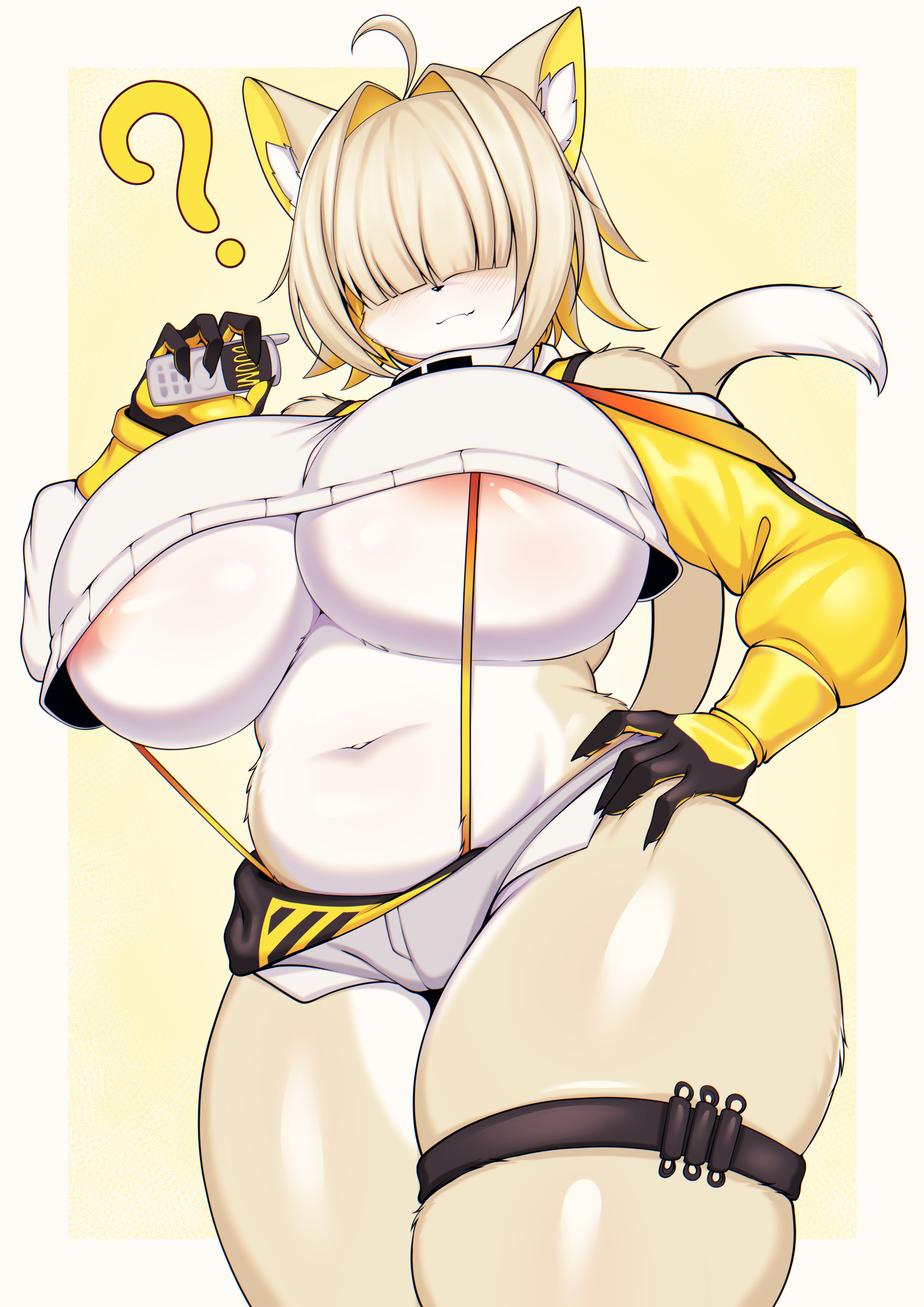 ?, 1girls, ahoge, anthro, big breasts, blonde hair, breasts, elegg (nikke), female, furry, gloves, goddess of victory: nikke, hair over eyes, huge breasts, short shorts, shorts, skindentation, solo, suspenders, tailzkim, thick thighs, thigh strap, two-tone hair, underboob, wide hips