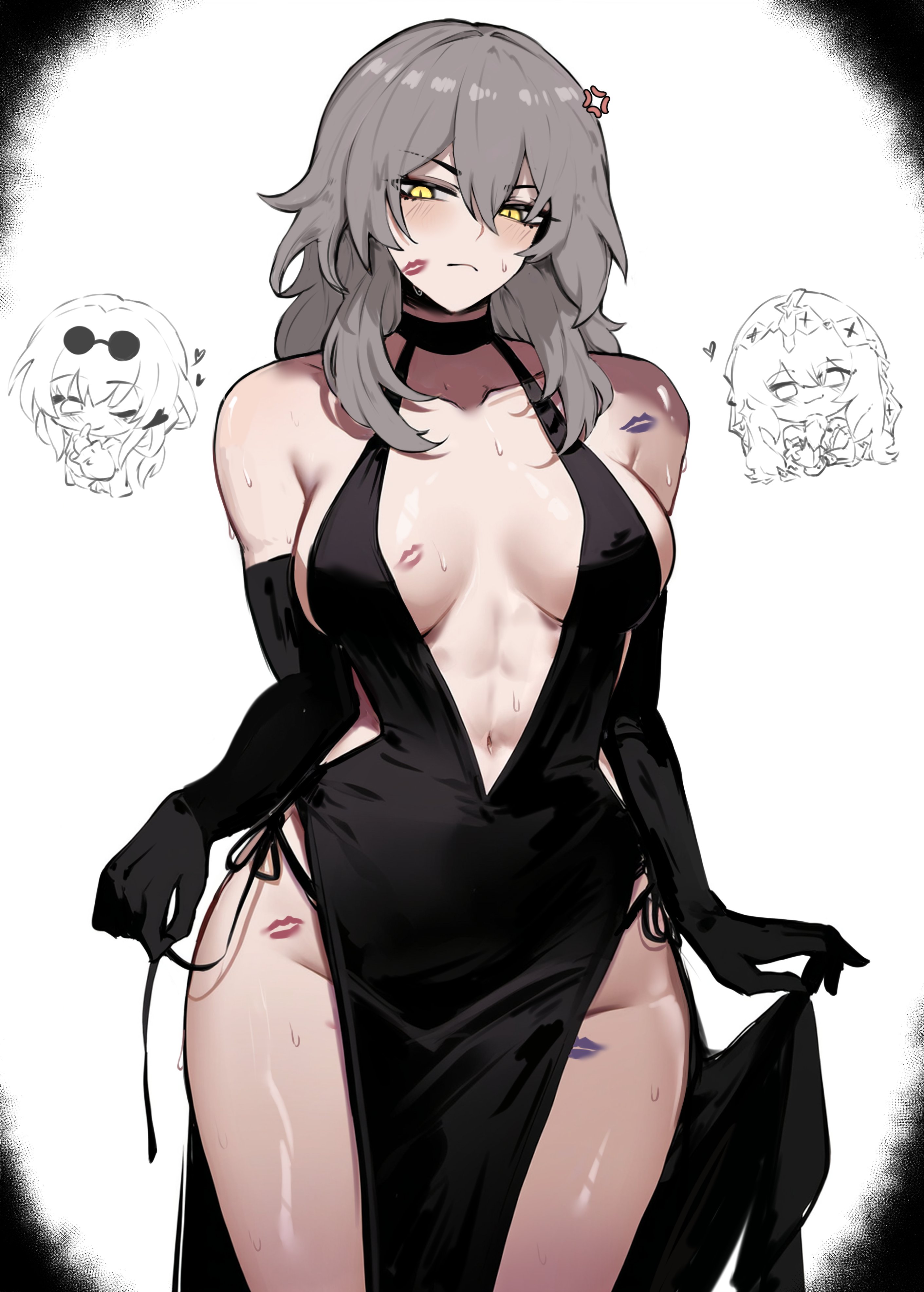1girls, abs, annoyed, armwear, bare shoulders, belly, belly button, big breasts, blush, breasts, busty, child bearing hips, female, female only, grey hair, hips, honkai: star rail, hoyoverse, kiss mark, kiss marks, large breasts, lesbian focus, light skin, light-skinned female, lipstick mark, lipstick marks, lots of lipstick marks, masoq095, mihoyo, mostly clothed, muscular, muscular female, revealing clothes, stelle (honkai: star rail), thick, thick thighs, thighs, tummy, wide hips, yellow eyes, yuri