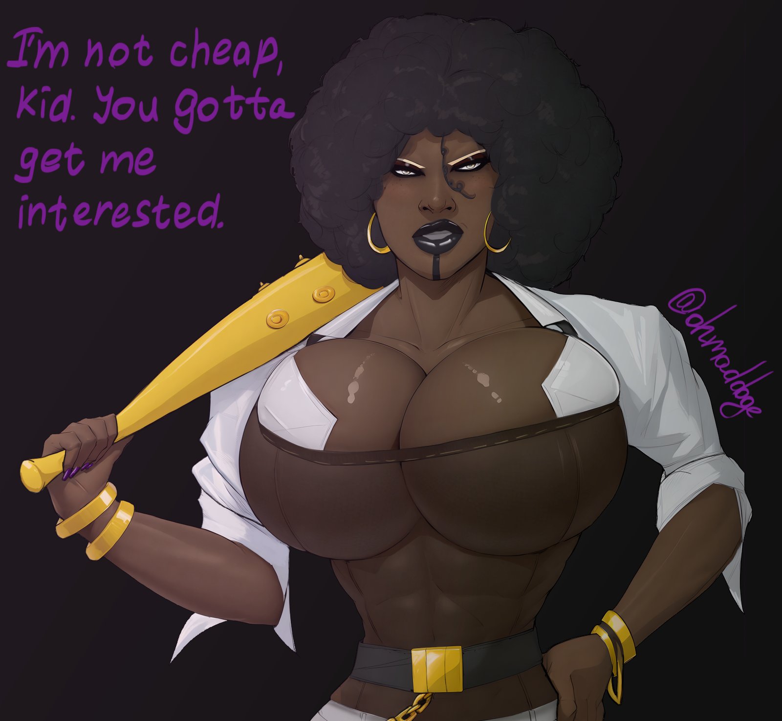 1girls, ass, baseball bat, big ass, big breasts, bimbo, bimbo body, bimbo lips, breasts, breasts bigger than head, brown body, brown skin, brown-skinned female, bust, busty, cd projekt red, chest, curvaceous, curvy, curvy figure, cyberpunk, cyberpunk (series), cyberpunk 2077, dark skin, dark-skinned female, denny (cyberpunk 2077), digital media (artwork), female, female focus, hips, hourglass figure, huge ass, huge breasts, human, large ass, large breasts, legs, mature, mature female, ohmaddoge, slim waist, text, thick, thick hips, thick legs, thick thighs, thighs, thin waist, voluptuous, voluptuous female, waist, wide hips