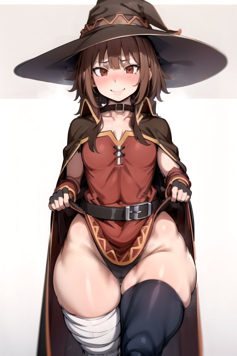 1girls, ai generated, blush, brown eyes, brown hair, cape, collar, collarbone, female, gloves, kono subarashii sekai ni shukufuku wo!, long sleeves, megumin, panties, red eyes, reficulsenpai, smiling, solo, thick thighs, thighhighs, witch, witch hat