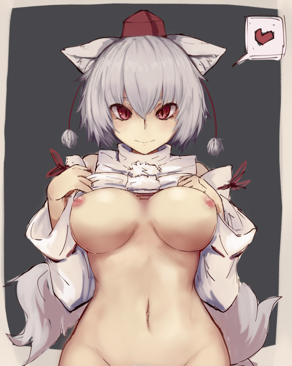 1girl 1girls animal_ears bottomless breasts breasts_apart closed_mouth clothes_lift commentary_request cowboy_shot detached_sleeves grey_background hands_up hat heart inubashiri_momiji large_breasts lifted_by_self looking_at_viewer momiji_inubashiri navel nipples out-of-frame_censoring pom_pom_(clothes) red_eyes red_headwear ribbon-trimmed_sleeves ribbon_trim shirt shirt_lift short_hair silver_hair sketch slit_pupils smile solo spoken_heart tagme tail tokin_hat touhou white_shirt wolf_ears wolf_tail yonaga_san