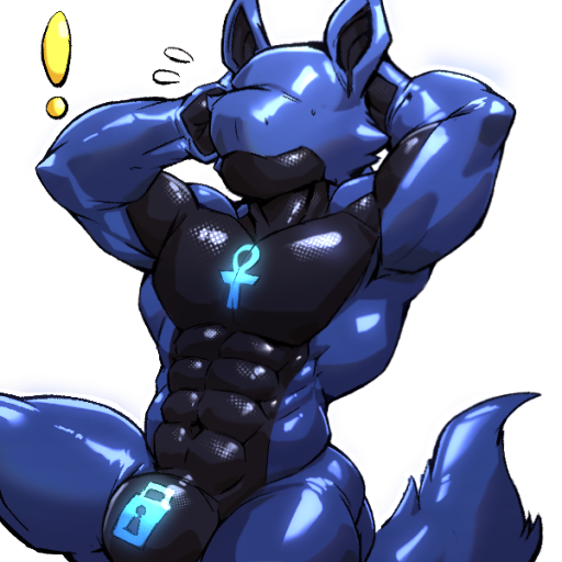 abs after_transformation anthro barazoku biceps big_muscles black_latex blue_latex canid canine canis esganoth full_body_suit latex lock_bulge male mammal muscular muscular_anthro muscular_male muscular_sub pecs solo submissive submissive_anthro submissive_male surprised_expression wolf