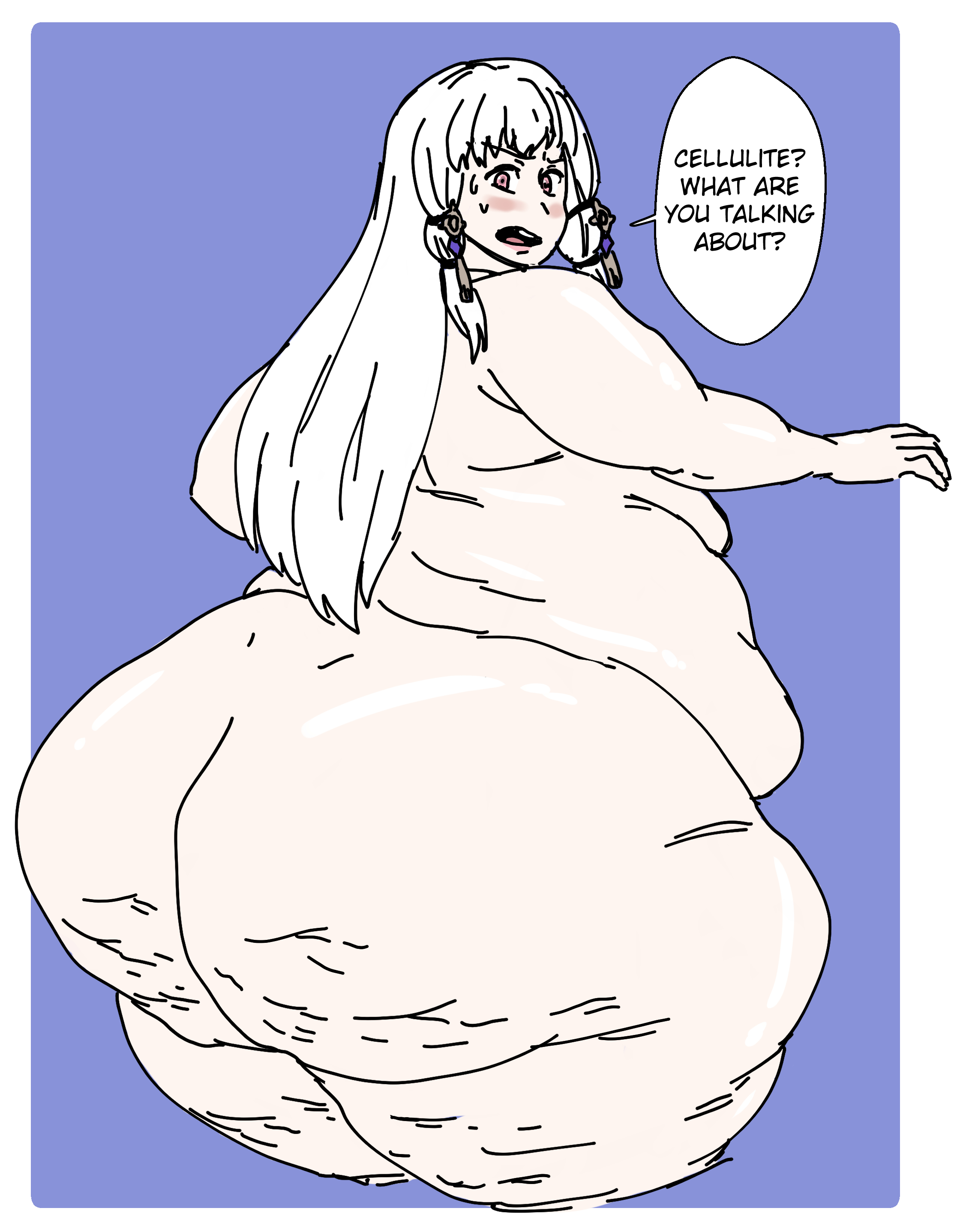 1girls, 2024, absurd res, ass, bbw, belly, cellulite, english, english text, fat, fat ass, fat female, fat rolls, female, female only, fire emblem, fire emblem: three houses, gigantic ass, hips, huge thighs, long hair, looking at viewer, looking back, lysithea von ordelia, morbidly obese, morbidly obese female, nintendo, nude, nude female, obese, obese female, overlordzeon, overweight, overweight female, plump, solo, speech bubble, talking to viewer, text, thick thighs, thighs, voluptuous, white hair, wide hips
