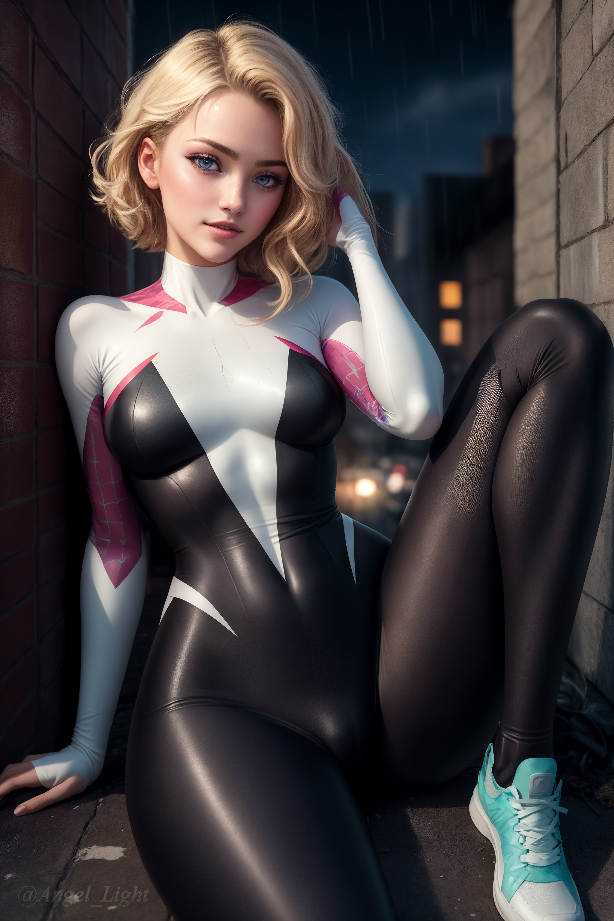 1girls, ai generated, angel light, angel light (artist), blonde hair, disney, female, gwen stacy, marvel, marvel comics, spider-gwen