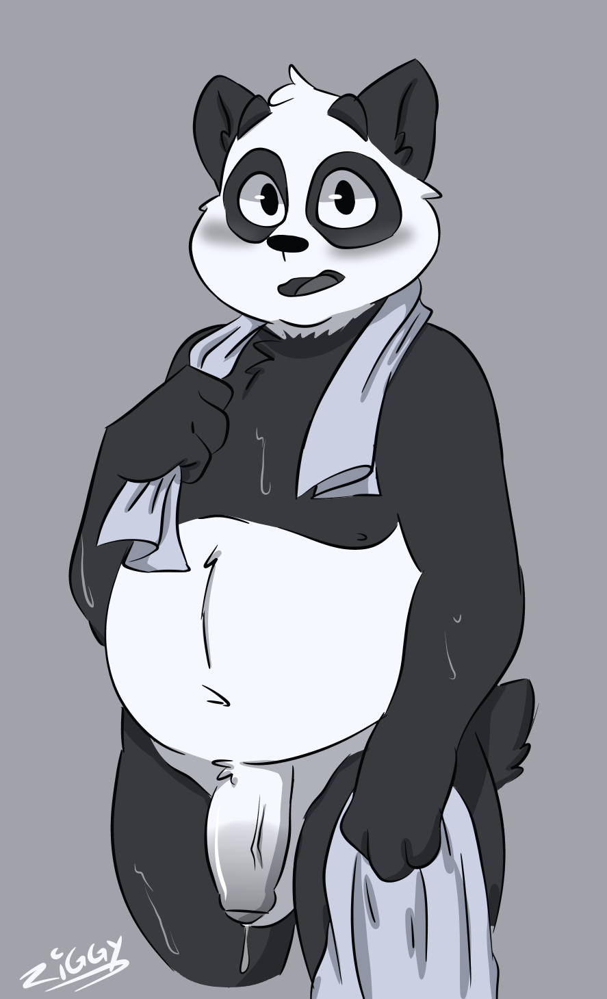 2018 anthro balls bear blush fur hi_res humanoid_penis looking_at_viewer male male_only mammal nipples nude open_mouth overweight panda penis simple_background solo text uncut white_fur ziggy_fox