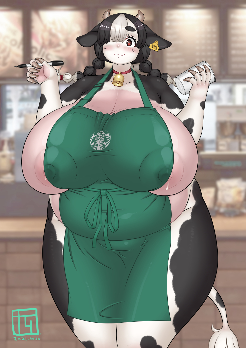 apron apron_only areola_slip barista bbw belly big_breasts blush breasts breasts_bigger_than_head chubby_female claws cow_girl cowbell cute_face detailed_background ear_piercing female_only freckles hair_over_one_eye highres horns huge_breasts huge_nipples iced_latte_with_breast_milk lactation massive_breasts meme_attire milk minotaur minotaur_female monster_girl necklace nipples nipples_visible_through_clothing red_eyes sgtnam sideboob thighs undersized_clothes wide_hips