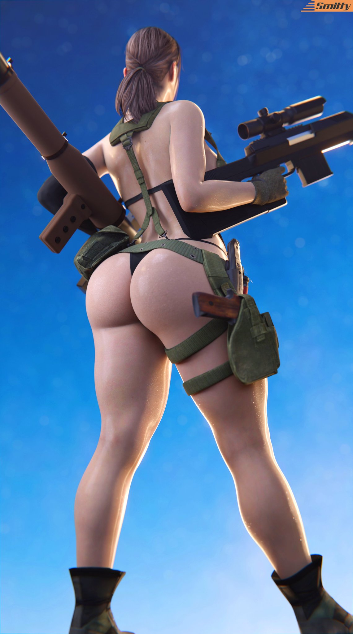 1girls, 3d, ass, athletic, athletic female, big breasts, breasts, brown hair, bust, busty, chest, curvaceous, curvy, curvy female, curvy figure, digital media (artwork), female, female focus, fit, fit female, gun, hips, hourglass figure, huge breasts, human, kojima productions, konami, large breasts, legs, light skin, light-skinned female, metal gear, metal gear solid, metal gear solid v, quiet (metal gear), rocket launcher, slim waist, smitty34, thick, thick ass, thick hips, thick legs, thick thighs, thighs, top heavy, voluptuous, voluptuous female, waist, wide hips