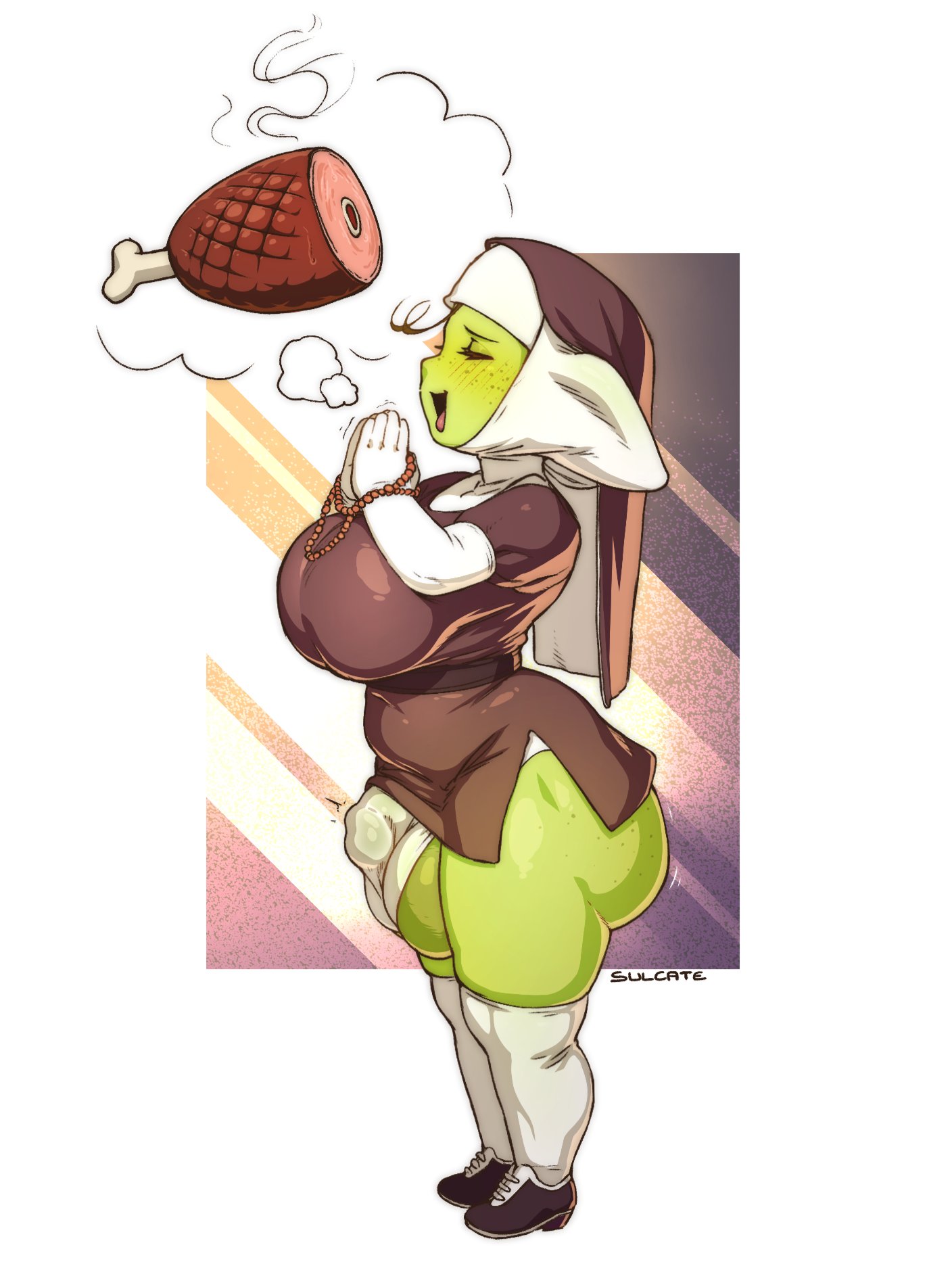ass, balls, big ass, big balls, big breasts, big penis, breasts, clothing, food, futa only, futanari, goblin, goblin futa, horny, intersex, nun, penis, praying, shortstack, sulcate, tagme