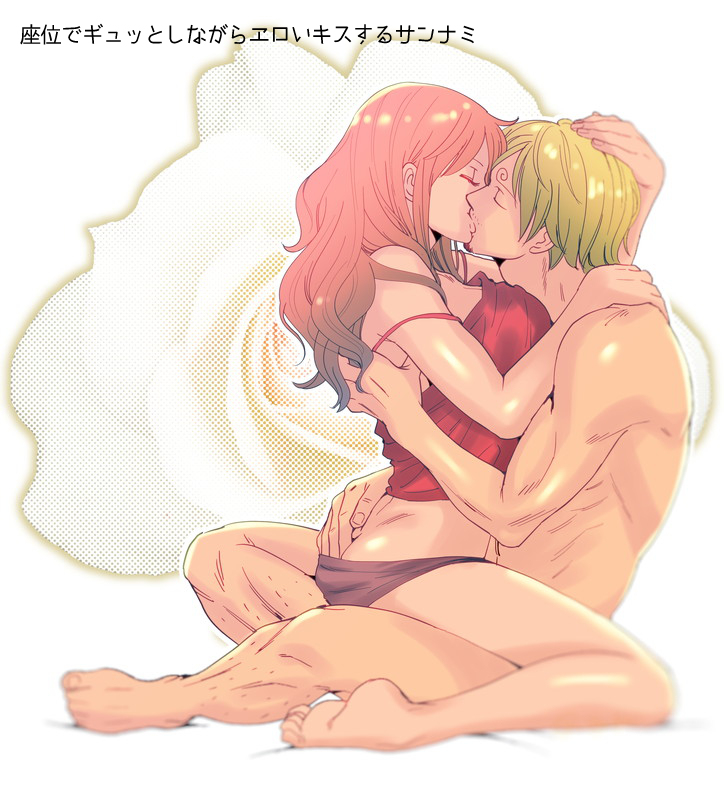 1boy 1girls blonde_hair close female female_focus hetero iga_guri kissing male muscular muscular_male nami nami_(one_piece) nude one_piece orange_hair passionate post-timeskip sanji straight underwear upright_straddle vinsmoke_sanji