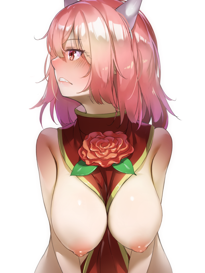 1girls bare_shoulders between_breasts blush breasts commentary_request female female_only flower hanging_breasts horns ibaraki_douji's_arm ibaraki_douji_(touhou) ibaraki_kasen kasen_ibaraki large_breasts looking_to_the_side mature_female naked_tabard nipples pink_flower pink_hair pink_rose piyodesu red_eyes rose short_hair solo spoilers tabard touhou turtleneck white_background