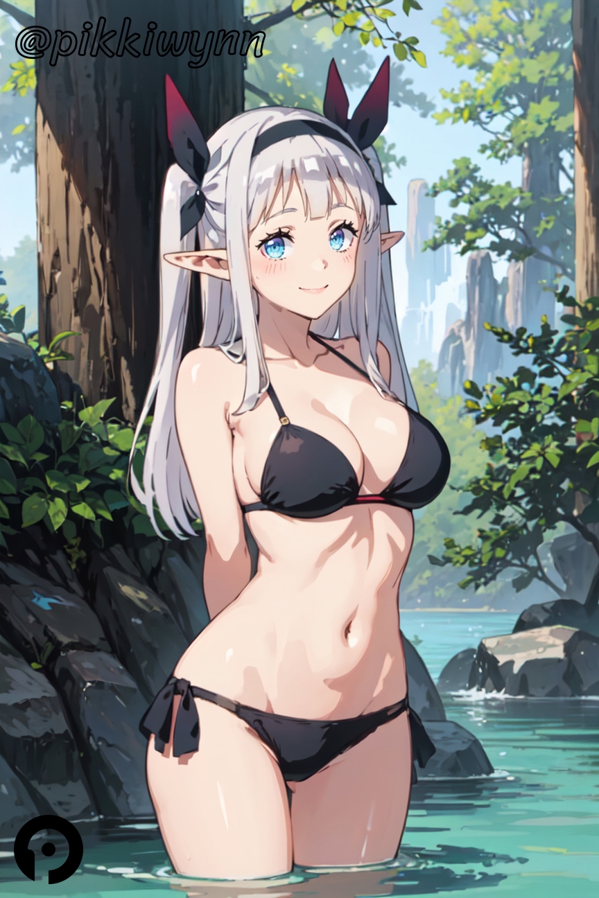 ai_generated arms_behind_back bangs bare_shoulders bikini black_bikini blue_eyes blush breasts cleavage closed_mouth collarbone cowboy_shot day elf female hair_ribbon hairband halterneck isekai_nonbiri_nouka large_breasts long_hair looking_at_viewer navel outdoors pikkiwynn pointy_ears ribbon rock rurushi_ru side-tie_bikini_bottom sidelocks smile solo standing stomach string_bikini swimsuit tree two_side_up wading water waterfall