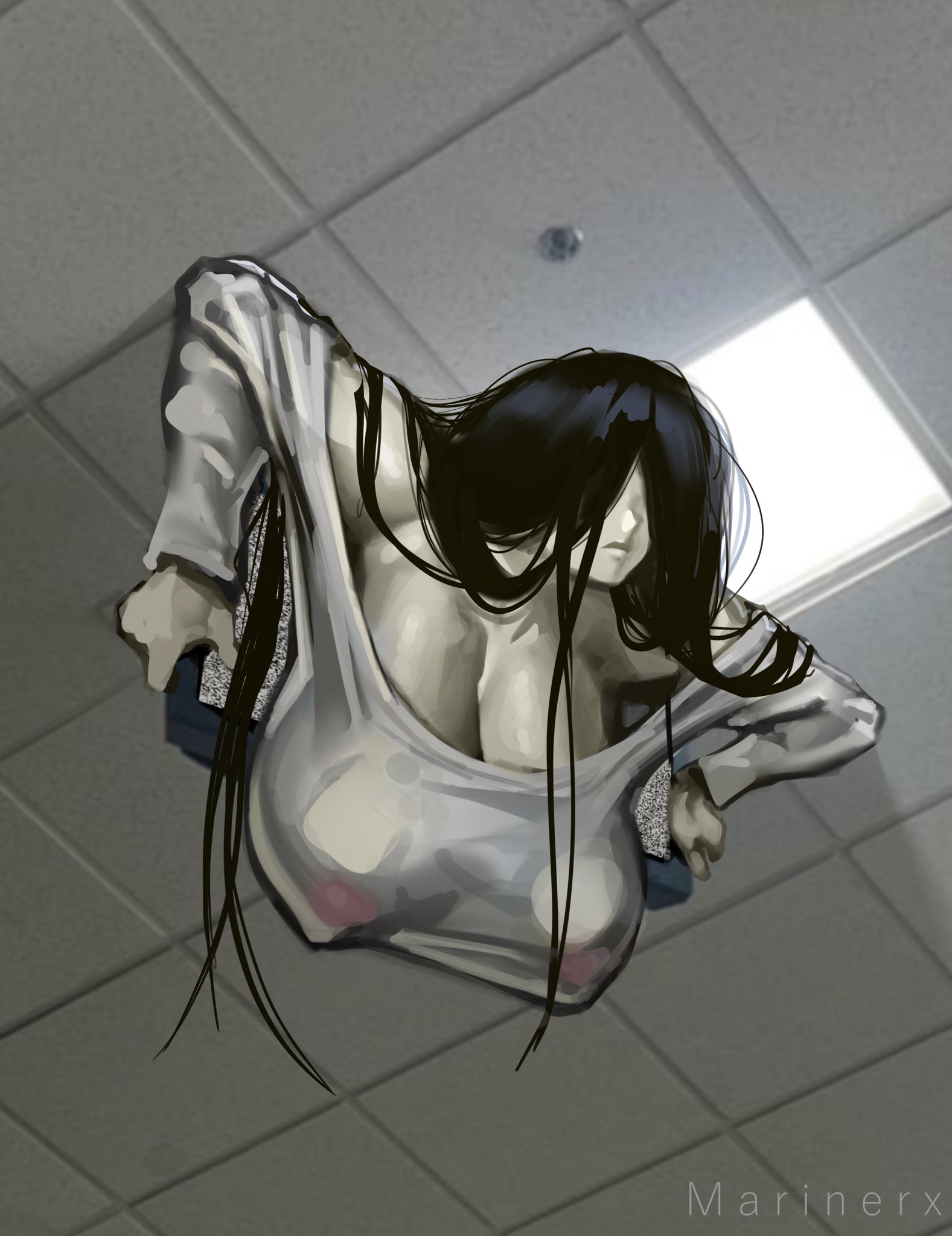 1girls, alternate version at source, alternate version available, breasts, clothed, clothed female, female, female only, hair, hair over eyes, huge breasts, marinerx art, tagme, the ring, the tv that the ring girl would break her neck from, white body, white dress, yamamura sadako