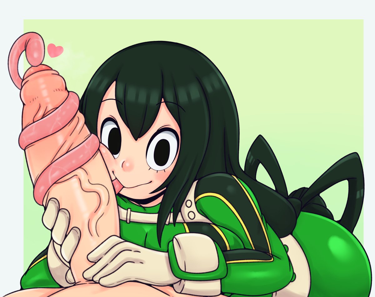 1boy, 1girls, black eyes, black hair, bodysuit, curvy, facing viewer, fellatio, female, green hair, green-haired female, hero outfit (mha), huge cock, just the tip, long tongue, looking at viewer, male, matospectoru, my hero academia, oral, penis, penis grab, source request, tongue, tonguejob, tsuyu asui