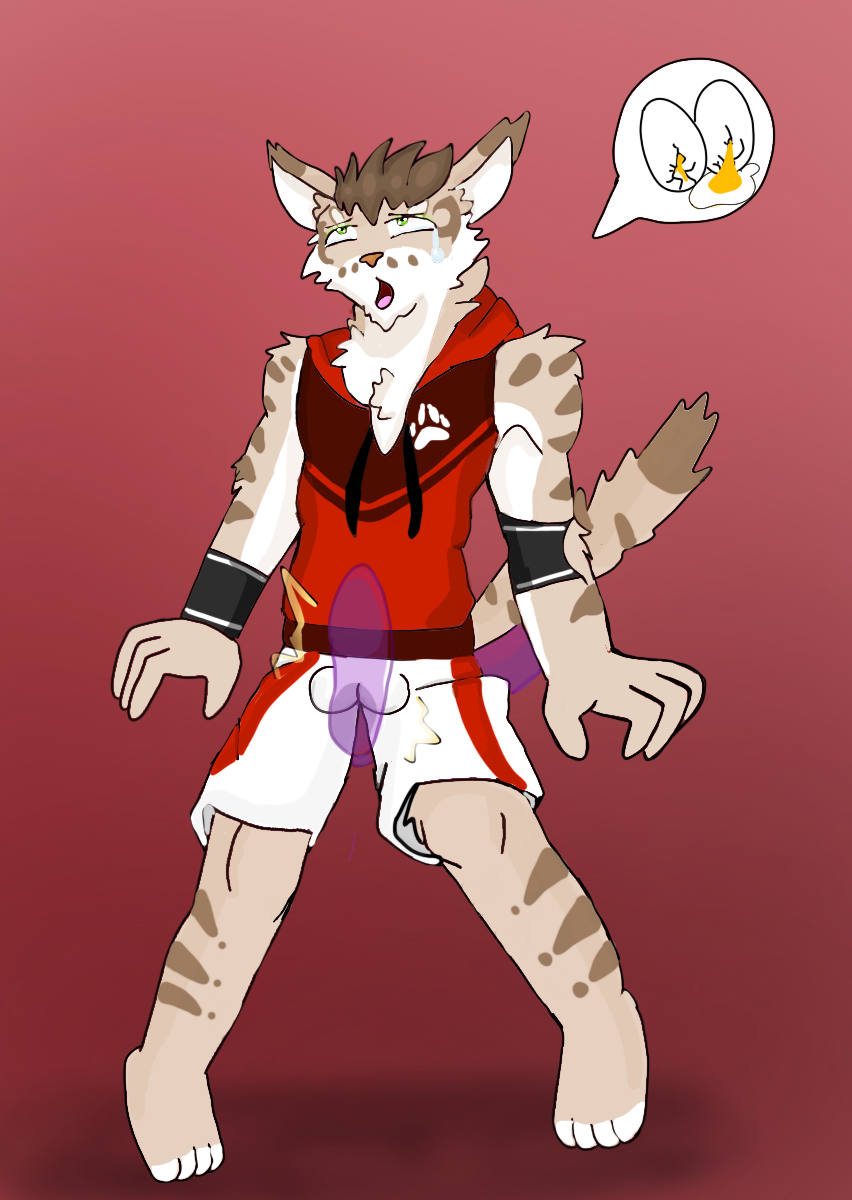 anthro ballbusting bulge clothed clothing cock_and_ball_torture feline hi_res leopard_cat male male_only mammal nekojishi open_mouth shu-chi solo speech_bubble tears tongue unknown_artist