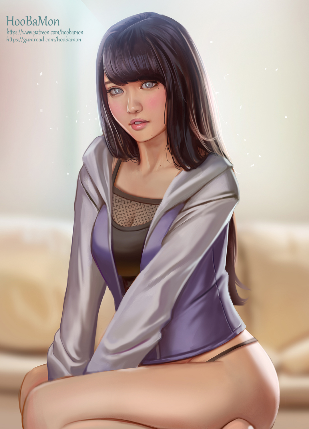 1girls, black hair, bottomless, cleavage, female, female only, hoobamon, human, hyuuga hinata, long hair, looking at viewer, naruto, naruto (series), pinup, purple eyes, solo, thong, white eyes