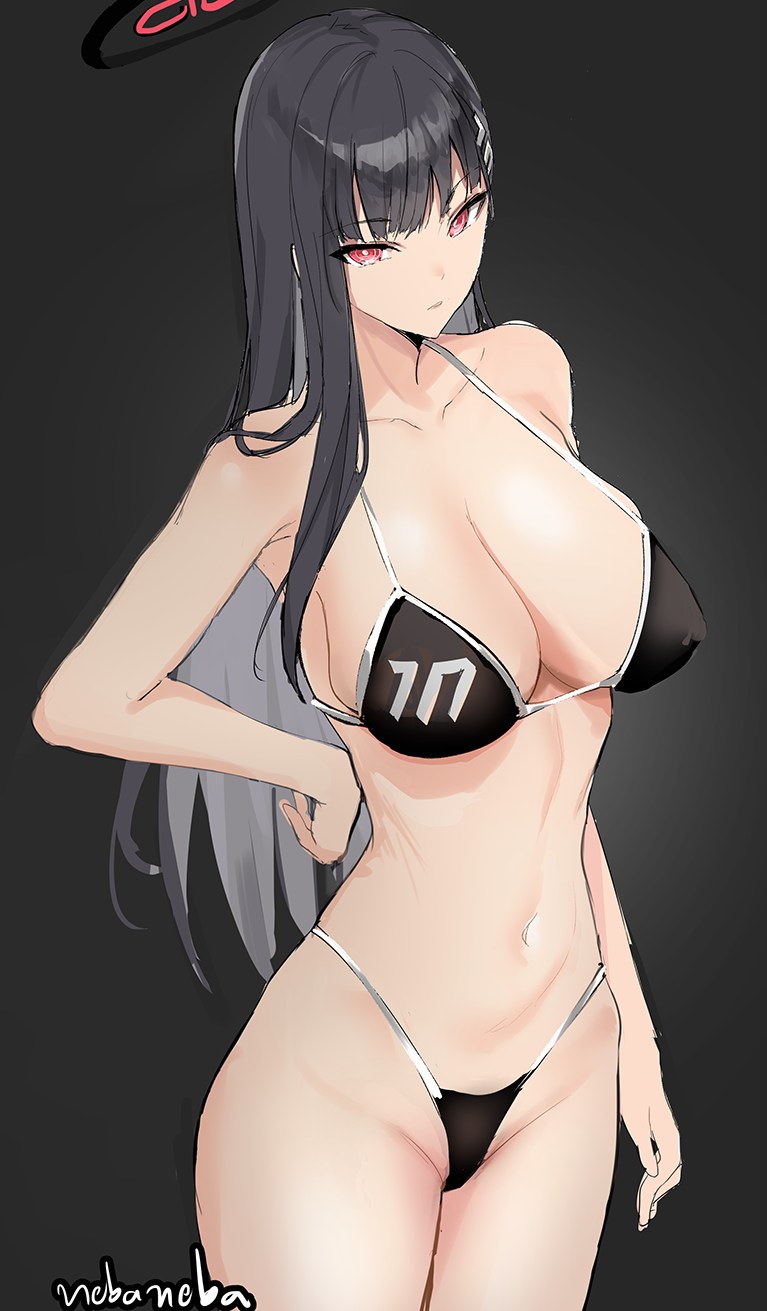 1girls bikini black_hair blue_archive female female_only halo light-skinned_female light_skin long_hair looking_at_viewer millennium_science_school_logo_(blue_archive) millennium_science_school_student nebaneba red_eyes rio_(blue_archive) seminar_(blue_archive) solo tagme