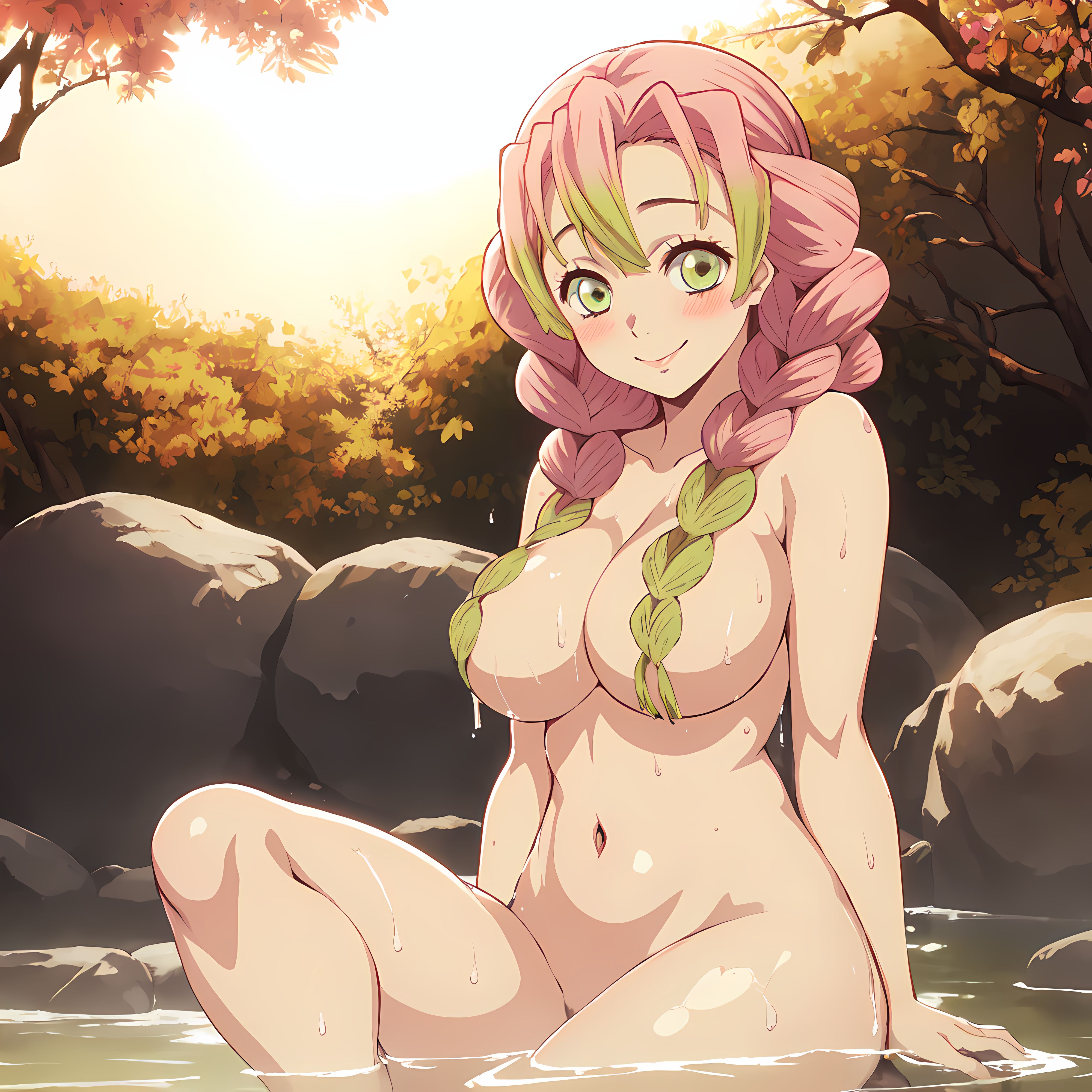 1girls, ai generated, bathhouse, bathing, blush, breasts, demon slayer, female, green eyes, human, kanroji mitsuri, kimetsu no yaiba, large breasts, looking at viewer, naked, naked female, onsen, pink hair, smile, solo, wet, wet body