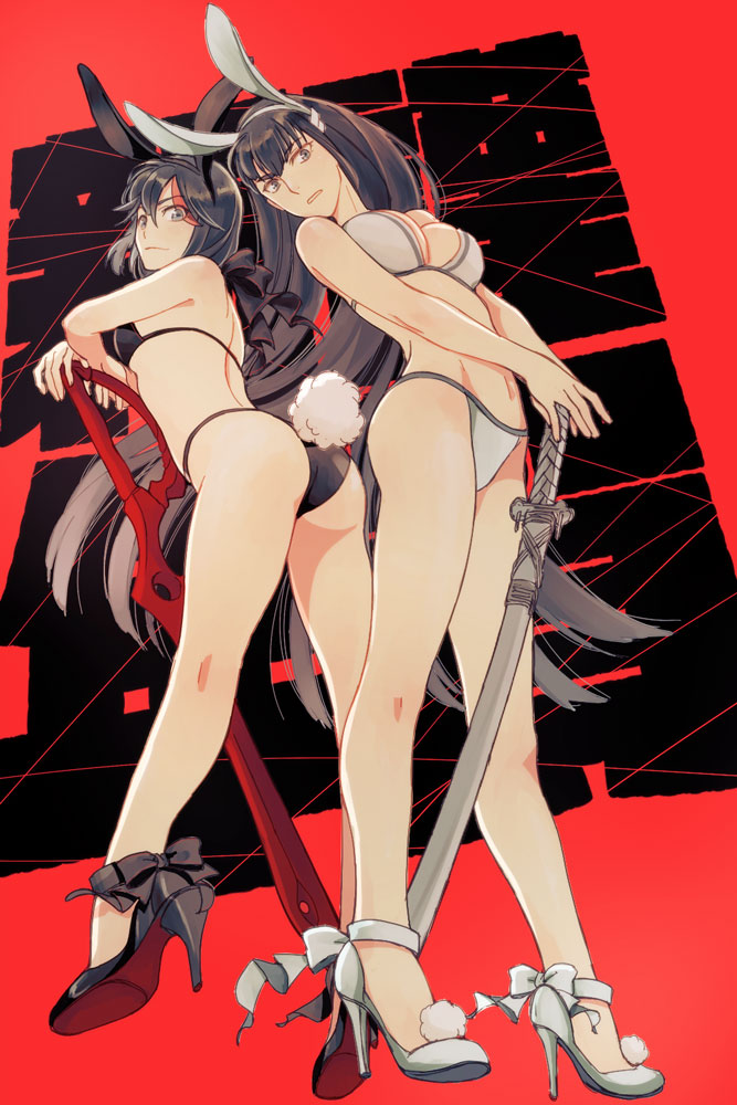 2girls ass bakuzan bikini breasts bunny_ears bunny_tail bunnysuit female female_only kill_la_kill kiryuuin_satsuki looking_at_viewer matoi_ryuuko multiple_girls ren_mizuha scissor_blade scissor_blade_(kill_la_kill) sisters tagme