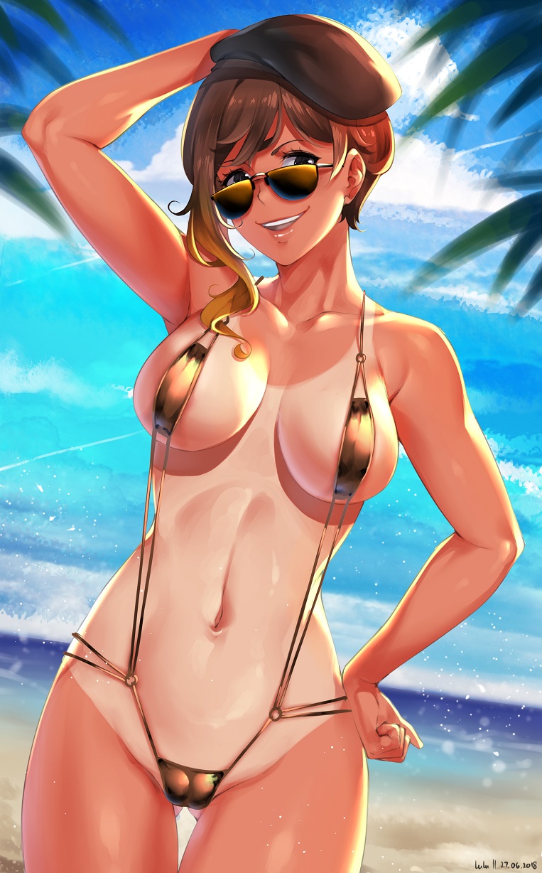 1girls 2018 abs arm_up armpits bare_shoulders beach belly bikini breasts brown-tinted_eyewear brown_eyes brown_hair cameltoe cleavage clouds coco_adel dated day eyelashes female female_only hand_on_head hand_on_hips hat looking_at_viewer looking_over_eyewear looking_over_glasses looking_over_sunglasses lulu-chan92 midriff navel ocean outdoors rwby short_hair sideboob sky sling_bikini smile solo standing sunglasses tanline tanlines teeth text thigh_gap tinted_eyewear underboob water watermark yellow-tinted_eyewear