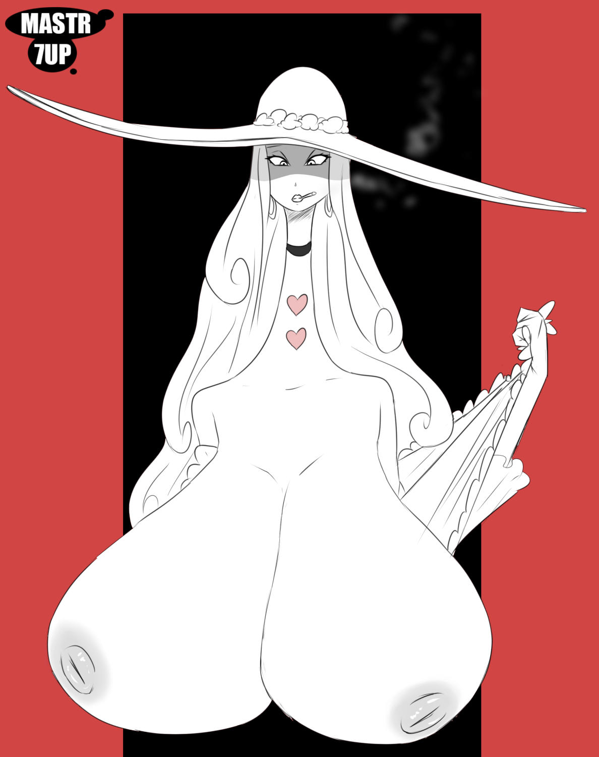 bare shoulders, breasts, breasts out, bust, charlotte amande, classy, female, female only, full cleavage, huge breasts, inverted nipples, long breasts, long hair, long neck, mastr7up, nipples, one piece, presenting breasts, sagging breasts, smoking, sun hat, tattoos, undressing