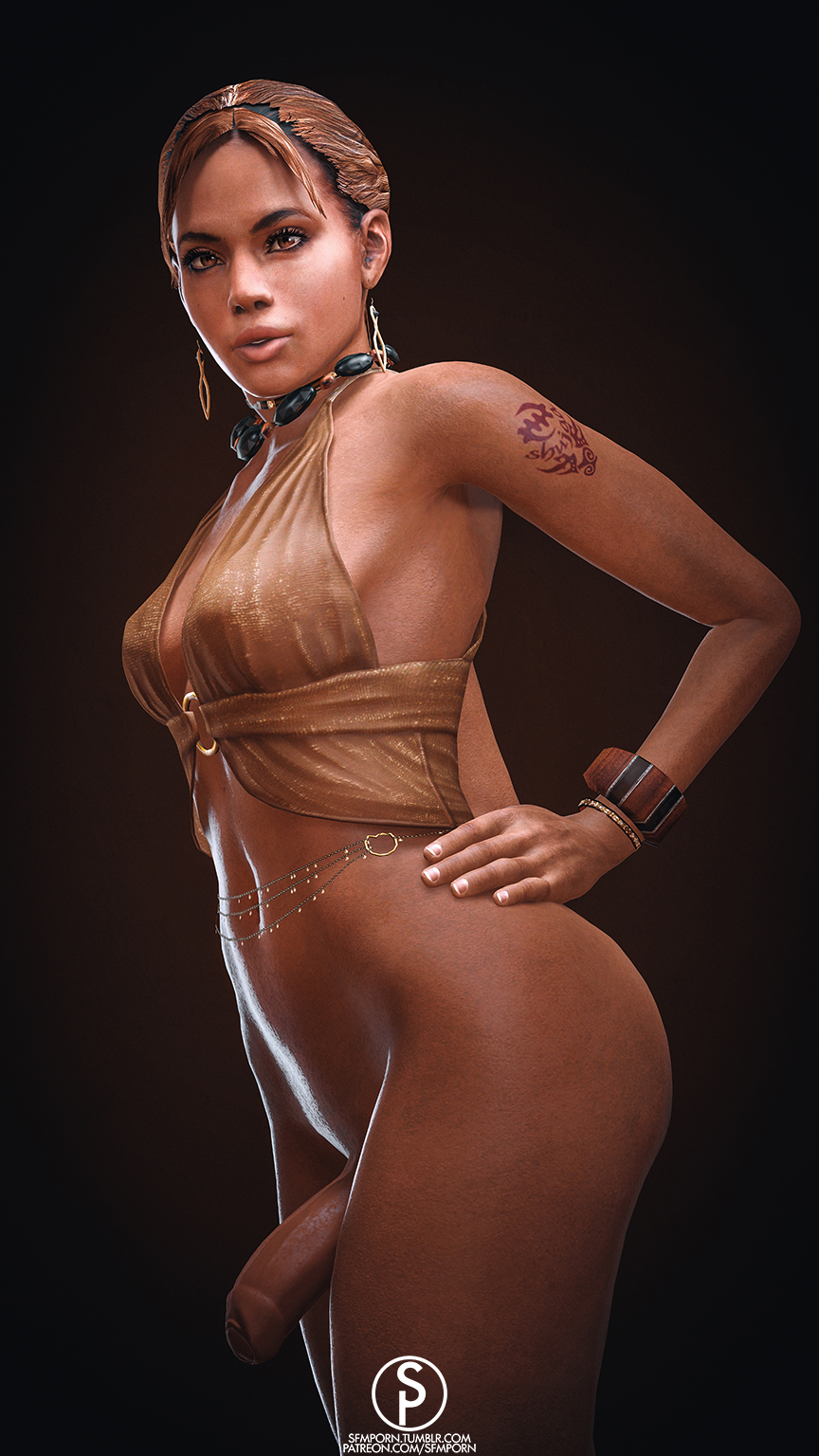 1futa, 3d, african, african futa, ass, bottomless, breasts, cleavage, dark skin, dark-skinned futa, erection, futa only, futanari, intersex, large ass, medium breasts, penis, resident evil, resident evil 5, sheva alomar, slop art, solo, solo futa, source filmmaker, wide hips