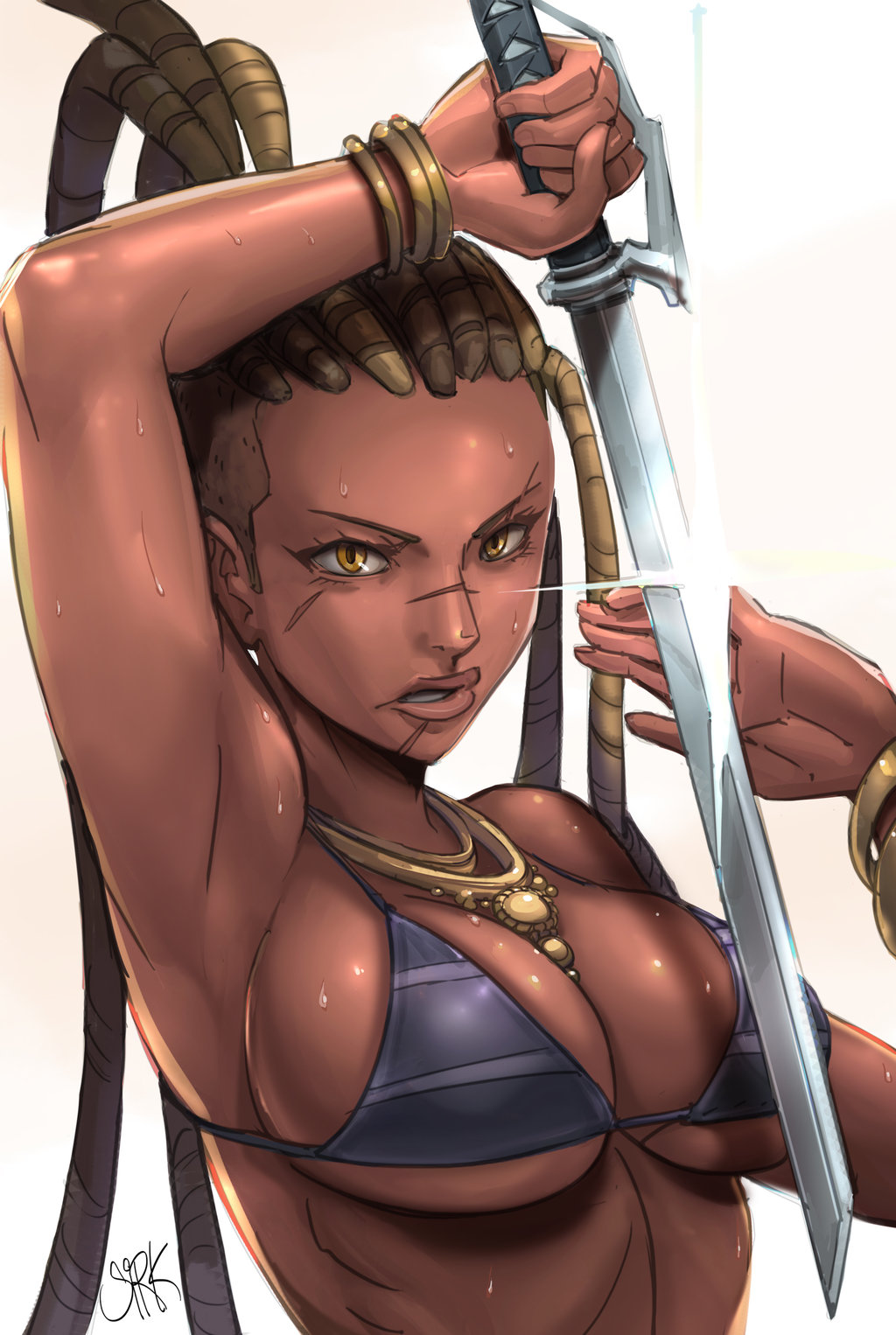 armpits arms_up bikini bikini_top black_female block blonde_hair bracelet breasts brown_hair brown_skin chest dark-skinned_female dark_skin dreadlocks female gold gold_eyes hand_guards katana large_breasts long_hair looking_at_viewer master_raven medium_breasts necklace open_mouth scar shaved_head shiny_skin stripes sweat sword tekken tekken_7 tied_hair underboob undersized_clothes