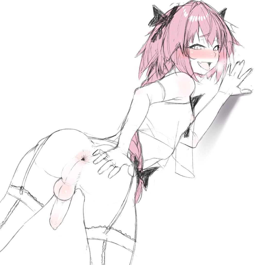 1boy, anus, ass, astolfo (fate), blush, burakku-ra, erection, fate (series), fate/grand order, femboy, girly, hand on ass, hand on butt, male, male only, monochrome, penis, sketch, solo, thighhighs, trap