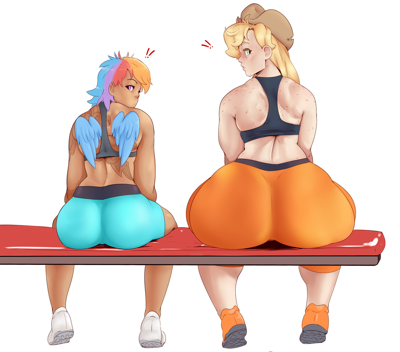 !, 2018, 2girls, applejack (mlp), ass, back, bench, big ass, bike shorts, blonde hair, blue eyes, dark skin, dark-skinned female, earrings, female, female only, freckles, friendship is magic, gym clothes, gym shorts, hat, huge ass, human, humanized, leggings, long hair, looking at viewer, looking back, my little pony, piercings, pink eyes, rainbow dash (mlp), rainbow hair, shoes, short hair, shorts, sitting, smooth skin, sunnysundown, tank top, tattoo, thick thighs, white background, wide hips, wings