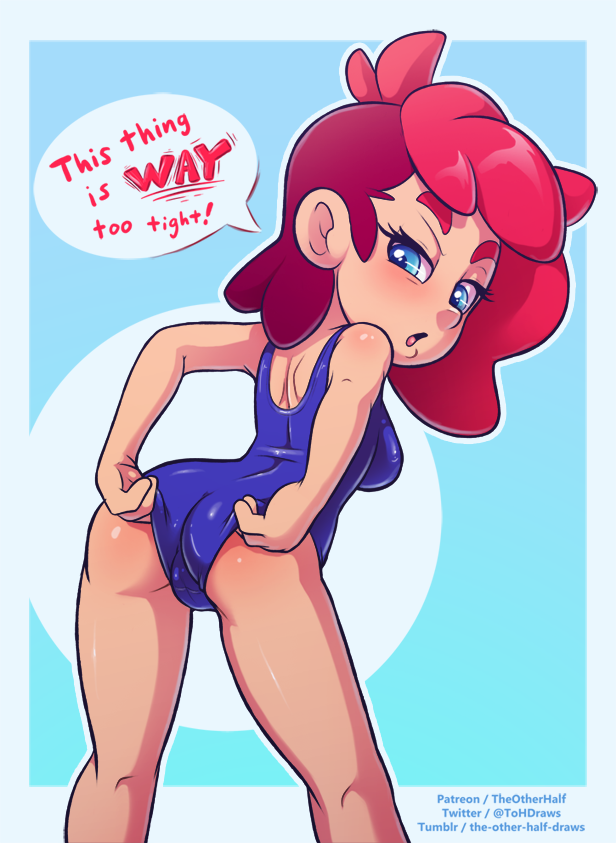 1girls artist_name ass ass_up bent_over blue_eyes blue_swimsuit cameltoe clothing dialogue female female_only legs looking_back nera_(the_other_half) one-piece_swimsuit open_mouth original original_character pose posing red_hair solo speech_bubble standing swimsuit text the_other_half thick_thighs thighs tight_clothing tight_swimsuit