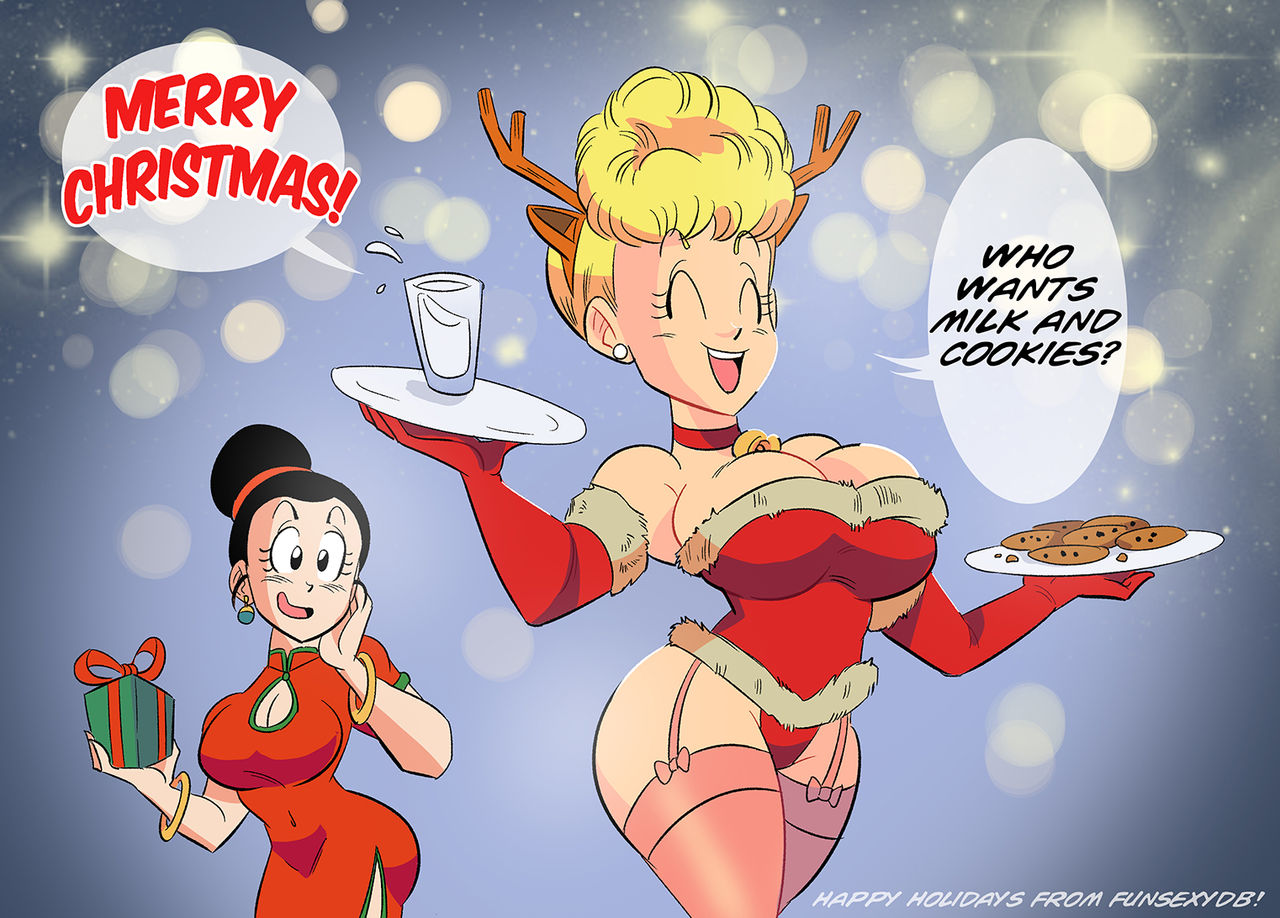 2girls, asian, asian bimbo, asian female, big breasts, bimbo, black hair, blonde hair, breasts, chichi, choker, christmas, christmas outfit, closed eyes smile, dragon ball, dragon ball super, dragon ball z, female, funsexydragonball, multiple females, multiple girls, panchy, panchy (dragon ball), panchy briefs, smile, white, white female